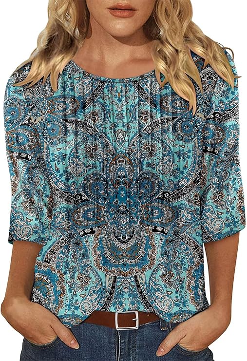 KISSMODA Tunic Tops for Women Loose Fit Dressy Round Neck Pleated 3/4 Length Sleeve Spring Tops