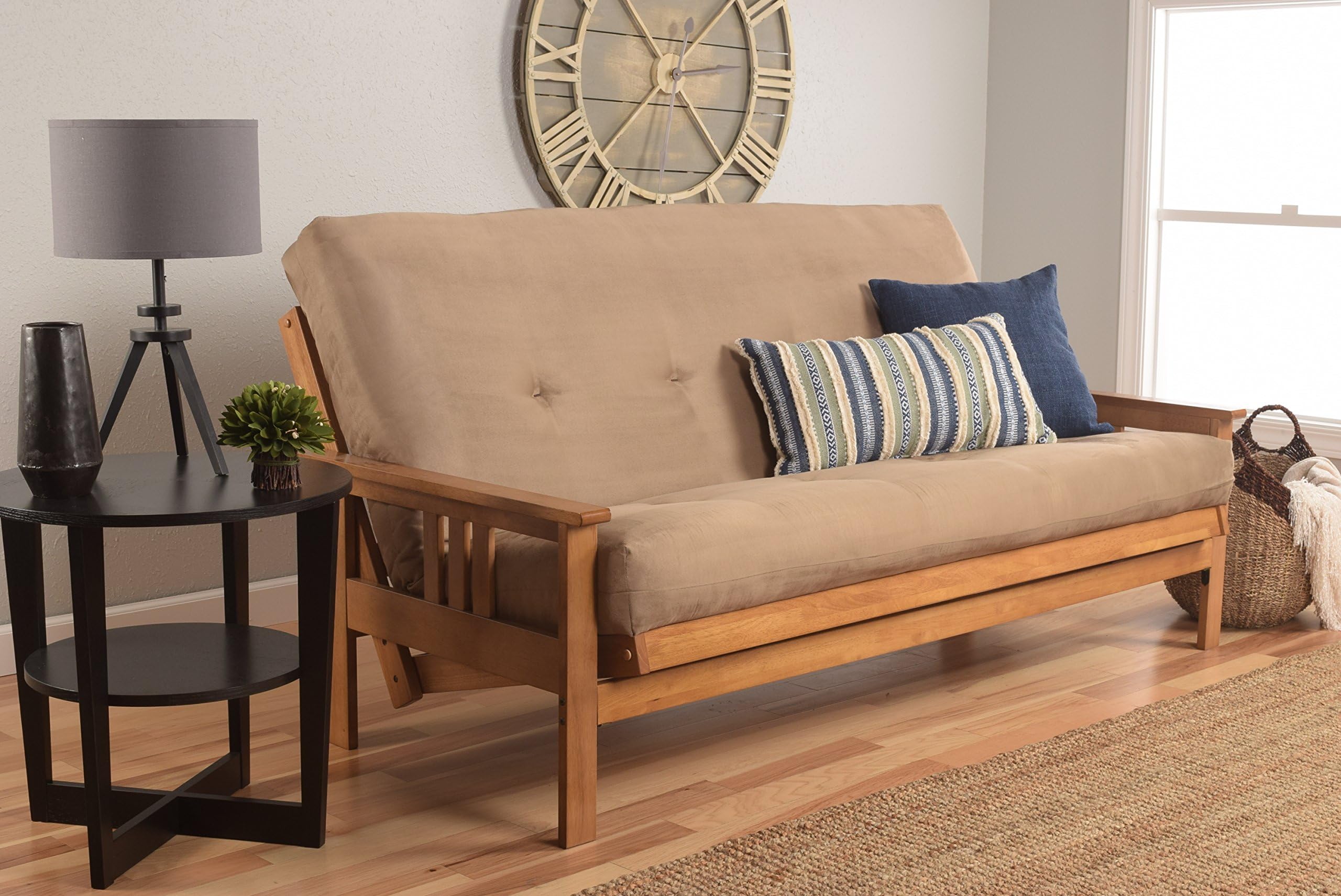 Eldorado Futon Set Hardwood Frame Full Size w/ 8 Inch Coil Mattress Sofa Bed Choice to Add Drawer Set (Beige Matt and Frame Only)