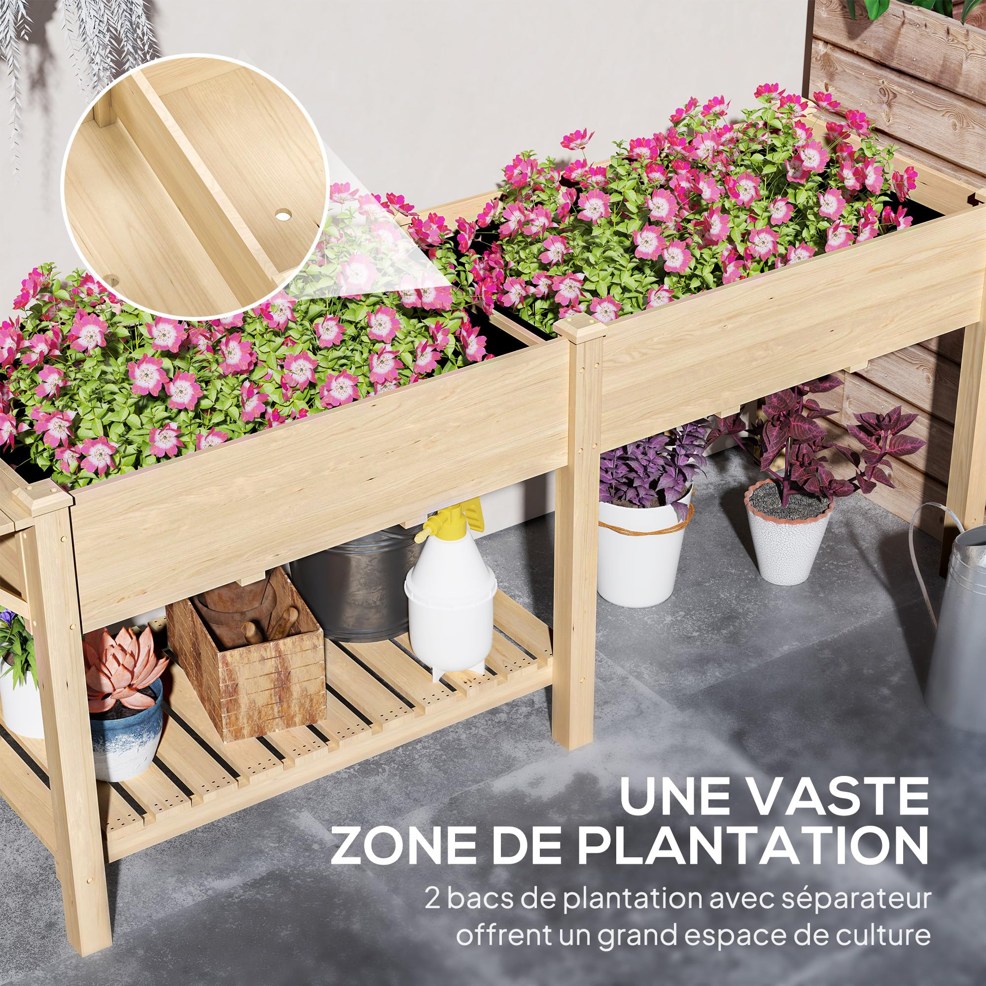 Outsunny Jardinière sur Pieds 2 Bacs 207 x 59 x 78 cm Bois Naturel | Carré Potager de Jardin sur Pieds, 2 Bacs avec Séparateur, Tablette Pliable, Potager Surélevé en Bois pour Fleurs