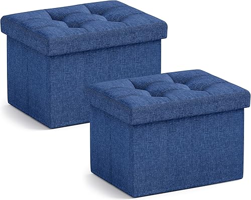 Ornavo Home Otomana de almacenamiento pequeña, juego de 2, plegable, rectangular, de lino, otomano, reposapiés, para sala de estar, dormitorio,