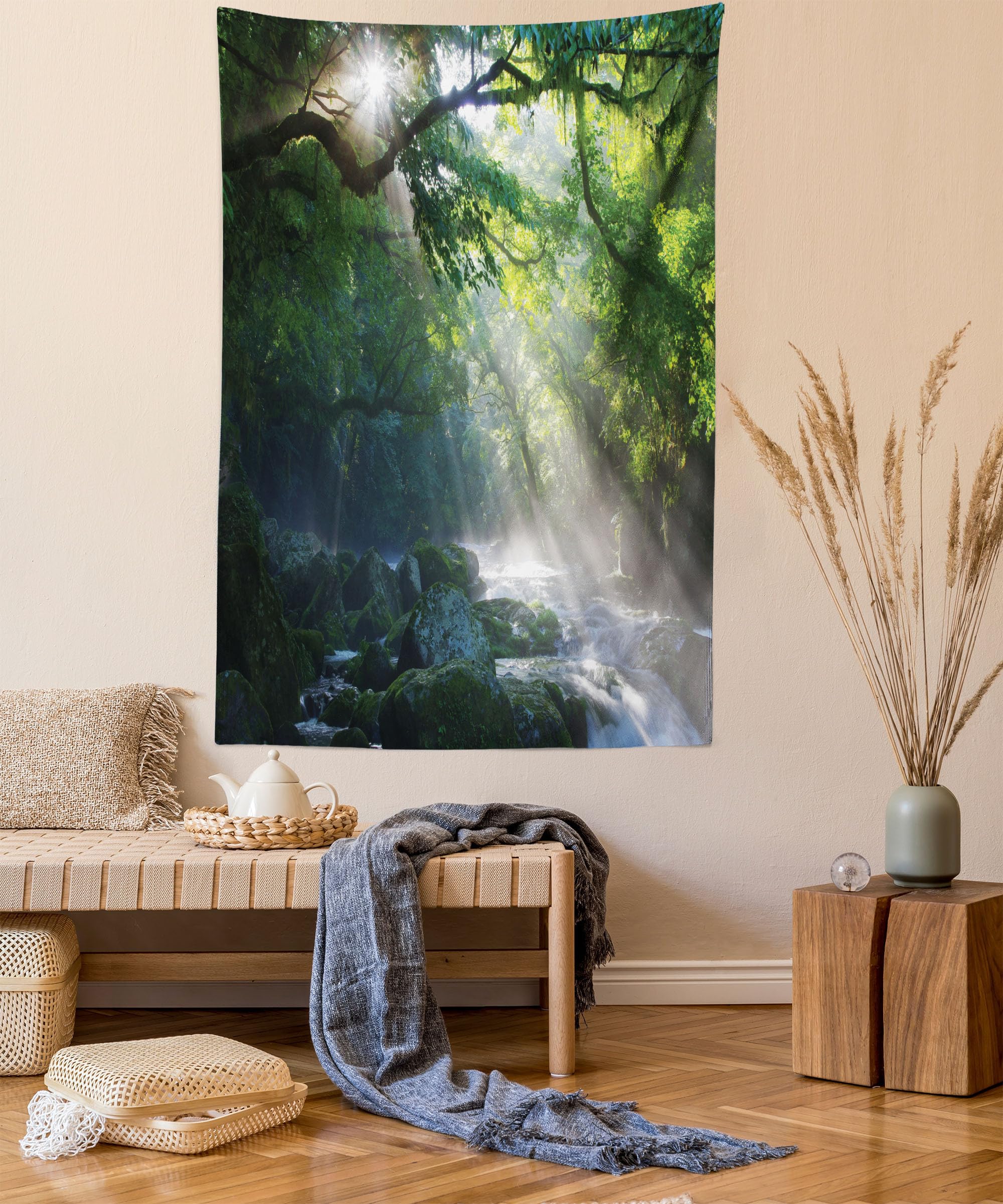 Ambesonne Rainforest Tapestry, Stream in the Jungle Stones Under Shadows of Trees Sun Rays Mother Earth Theme, Fabric Wall Hanging Decor for Bedroom Living Room Dorm, 30" X 45", Green