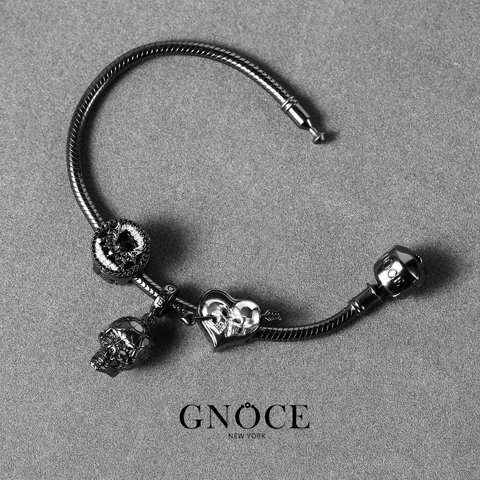 GNOCE Ciondolo Teschio Nero Argento Sterling Placcato Nero Perline Teschio Orrore Braccialetto/Collana Adatto Per Donna Uomo