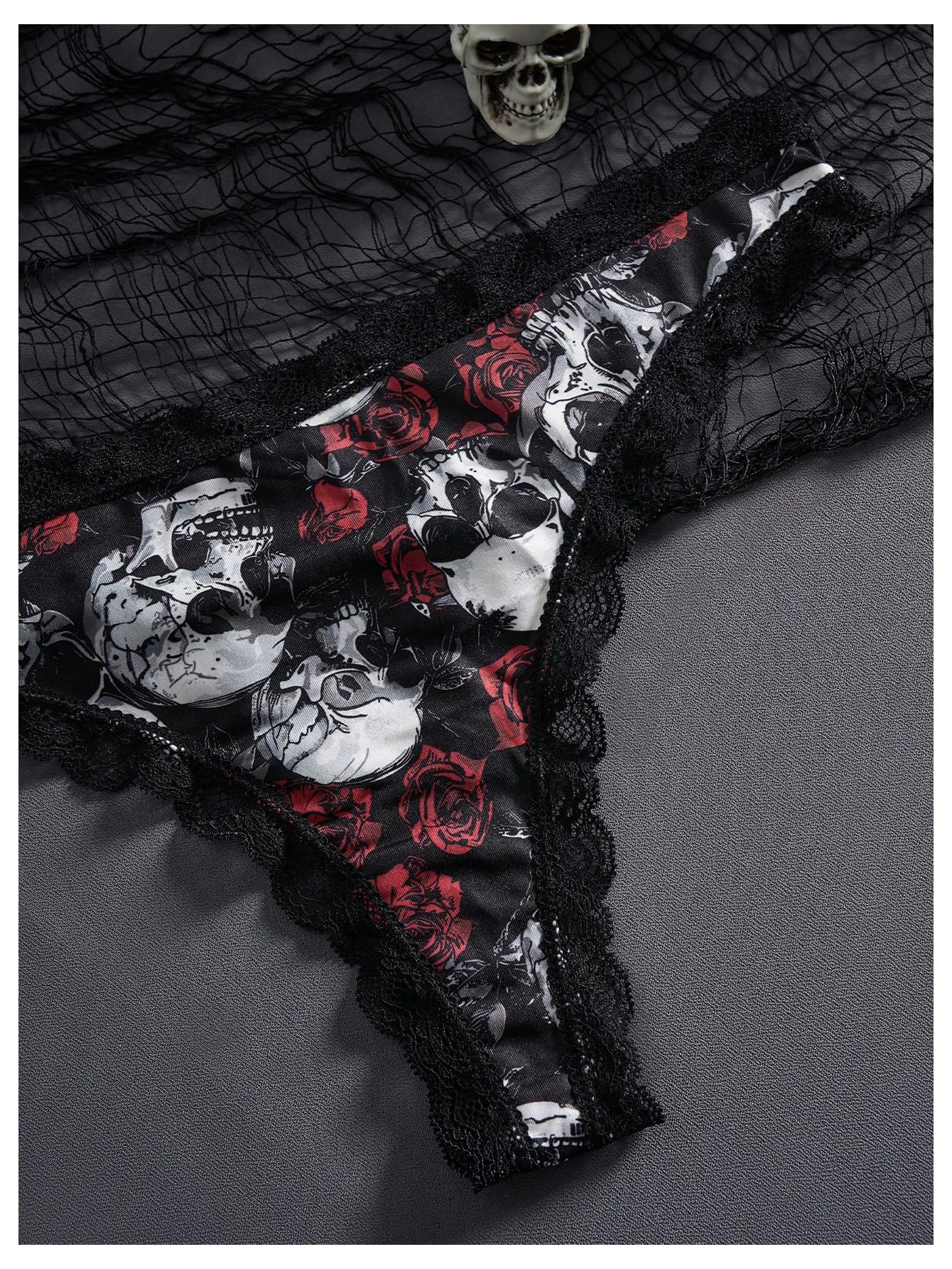 SOLY HUX Women's Gothic Lace Trim Thongs 3 Packs Funny Printed Panties Sexy Underwear: Small Black Printed