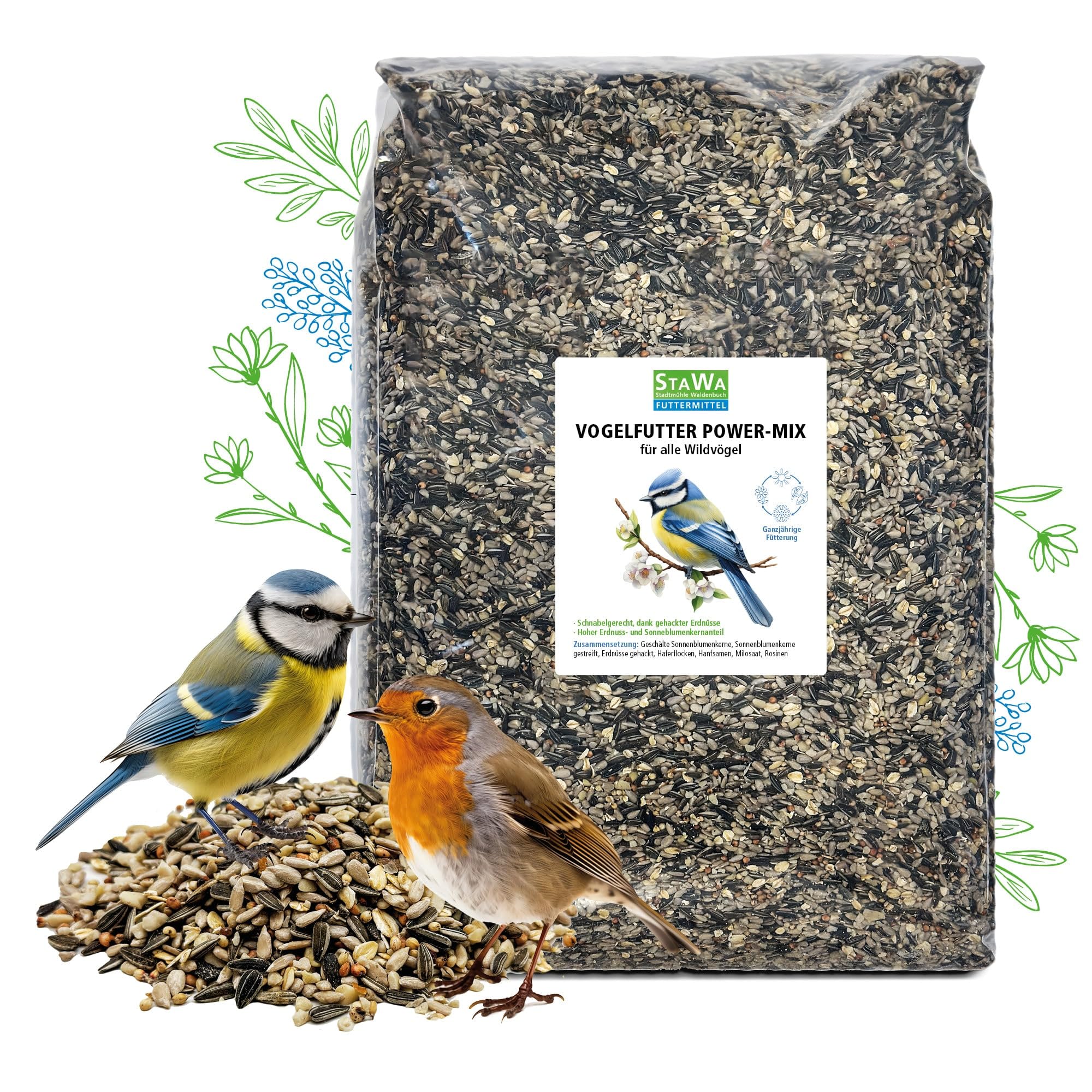 Power-Mix Streufutter für Wildvögel, ohne Weizen, Vogelfutter, 20 kg