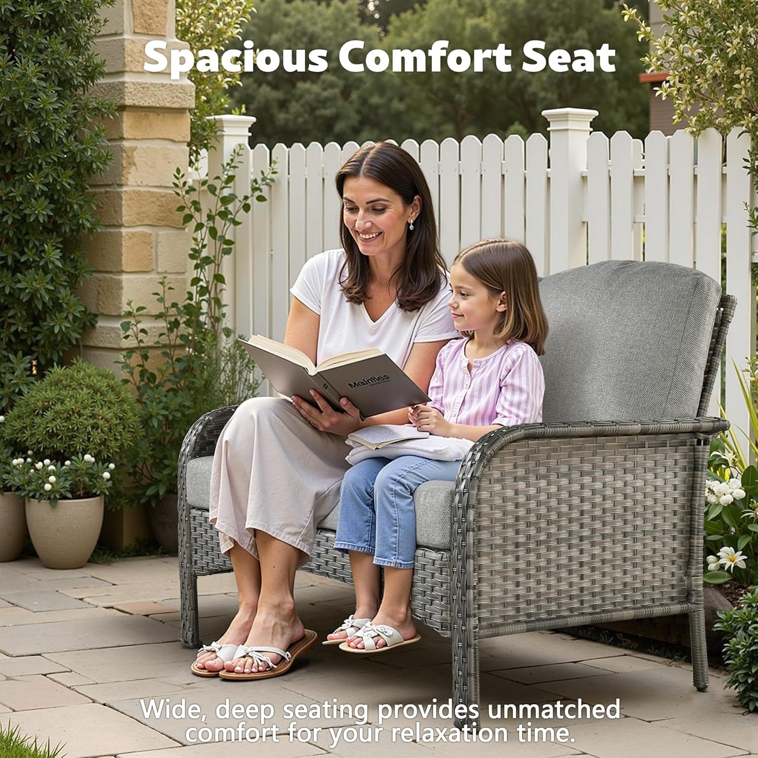 CAODOC 4-Piece Wicker Patio Furniture Set, All-Weather Rattan Conversation Bistro Loveseat Chair and Table Set for Backyard, Balcony and Deck with Soft Cushions and Metal Table(Dark Gray)