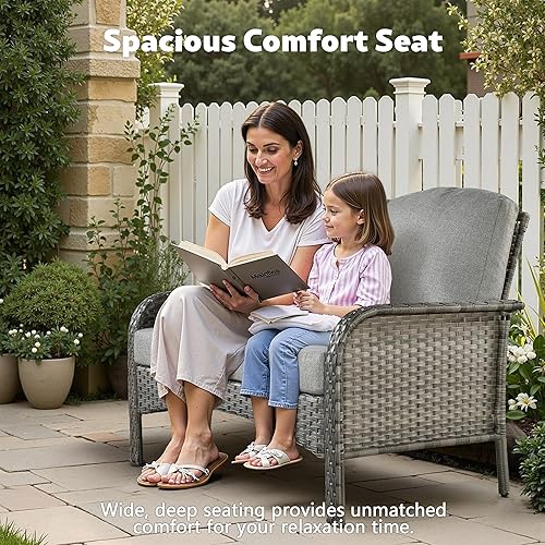 Miniatura 2 de Juego de muebles de mimbre para patio, 4 piezas, para todo tipo de clima, sofá biplaza y mesa para patio trasero, balcón y terraza con cojines