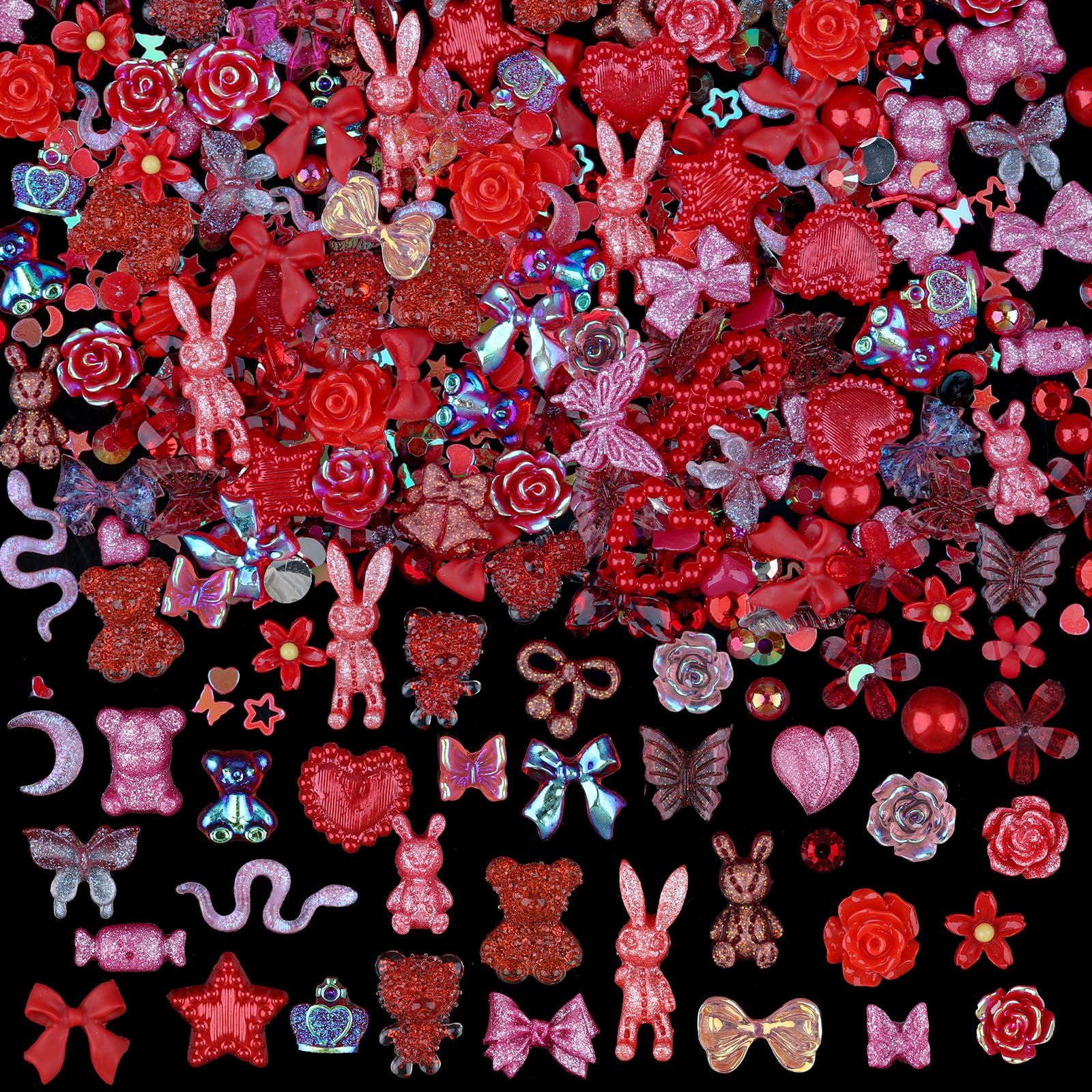 100 Pieces 3D Resin Butterfly Bear Nail Charms Rose Flower Peach Skirt Bow Deer Snake Rabbit Animal Shaped Nail Art Rhinestones Pearls for DIY Nail Art Decoration Making Craft (Red)