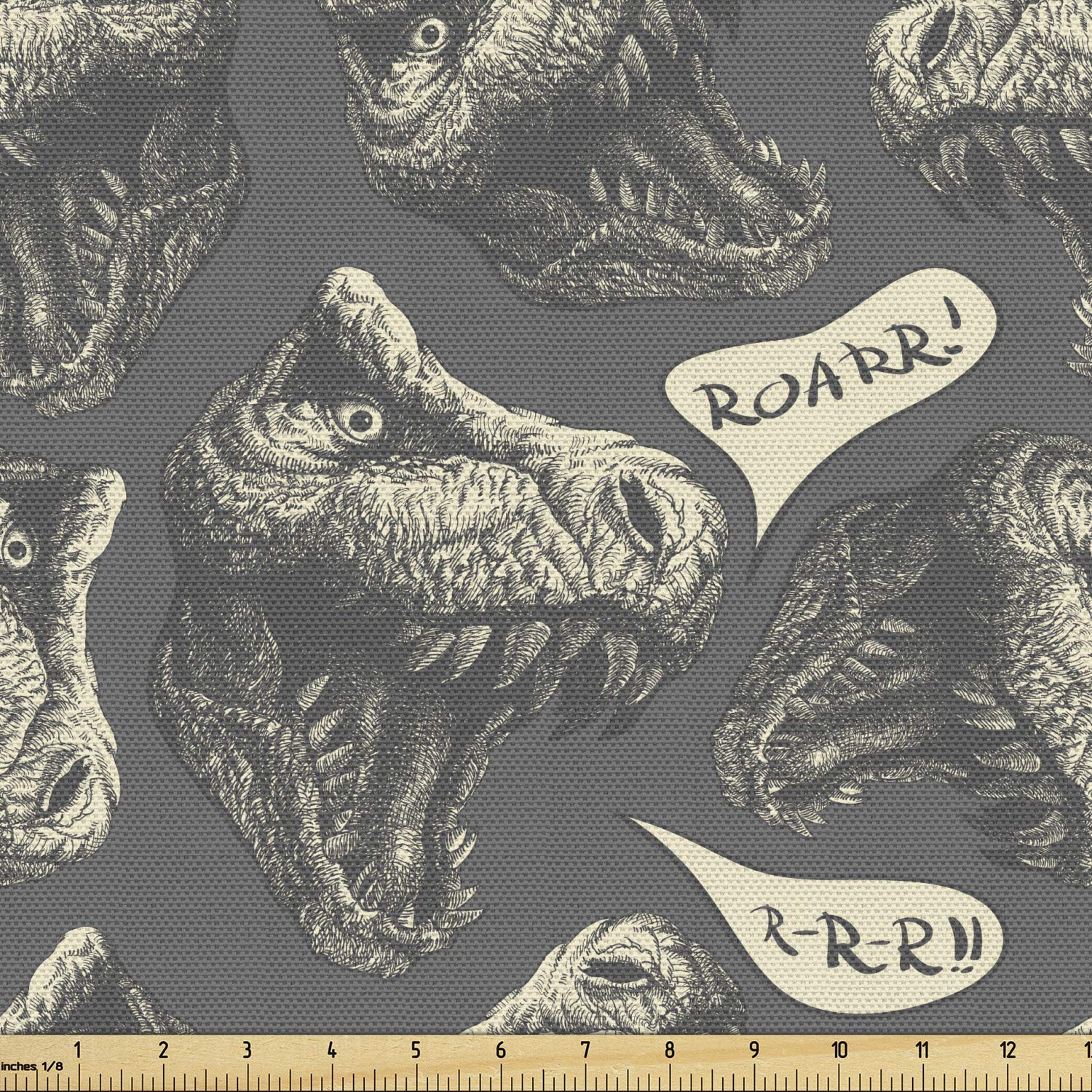 Lunarable Jurassic Fabric by The Yard, Dinosaur Cartoon Tyrannosaurus Paleontology Animals Illustration, Decorative Fabric for Upholstery and Home Accents, 2 Yards, Grey Charcoal