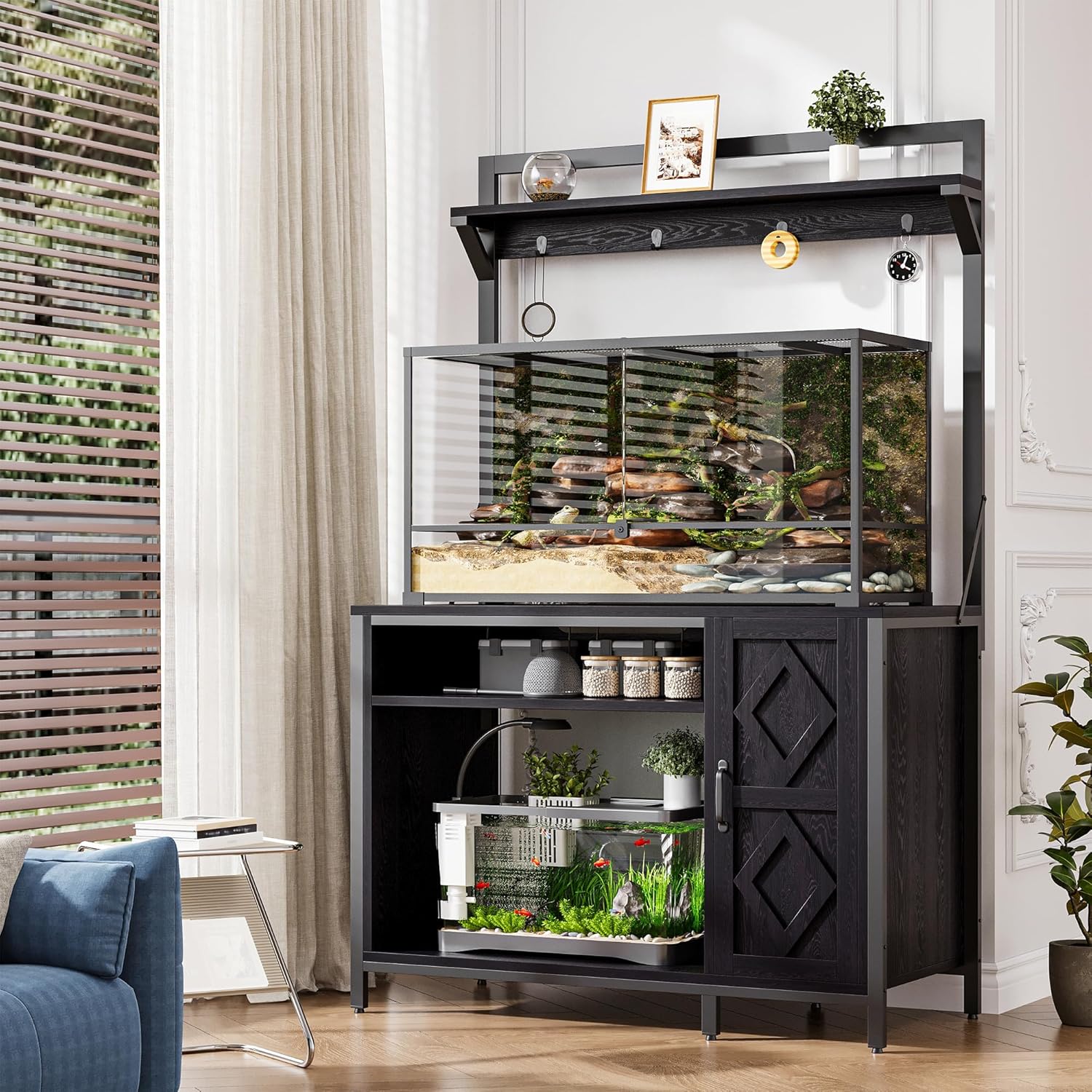 40-50 Gallon Diamond Fish Tank Stand with Power Outlet, Heavy Duty Aquarium Cabinet with Display Shelf and 4 Hooks, Suitable for Turtle Tank, Reptile Terrarium for Home Office (Classic Black)