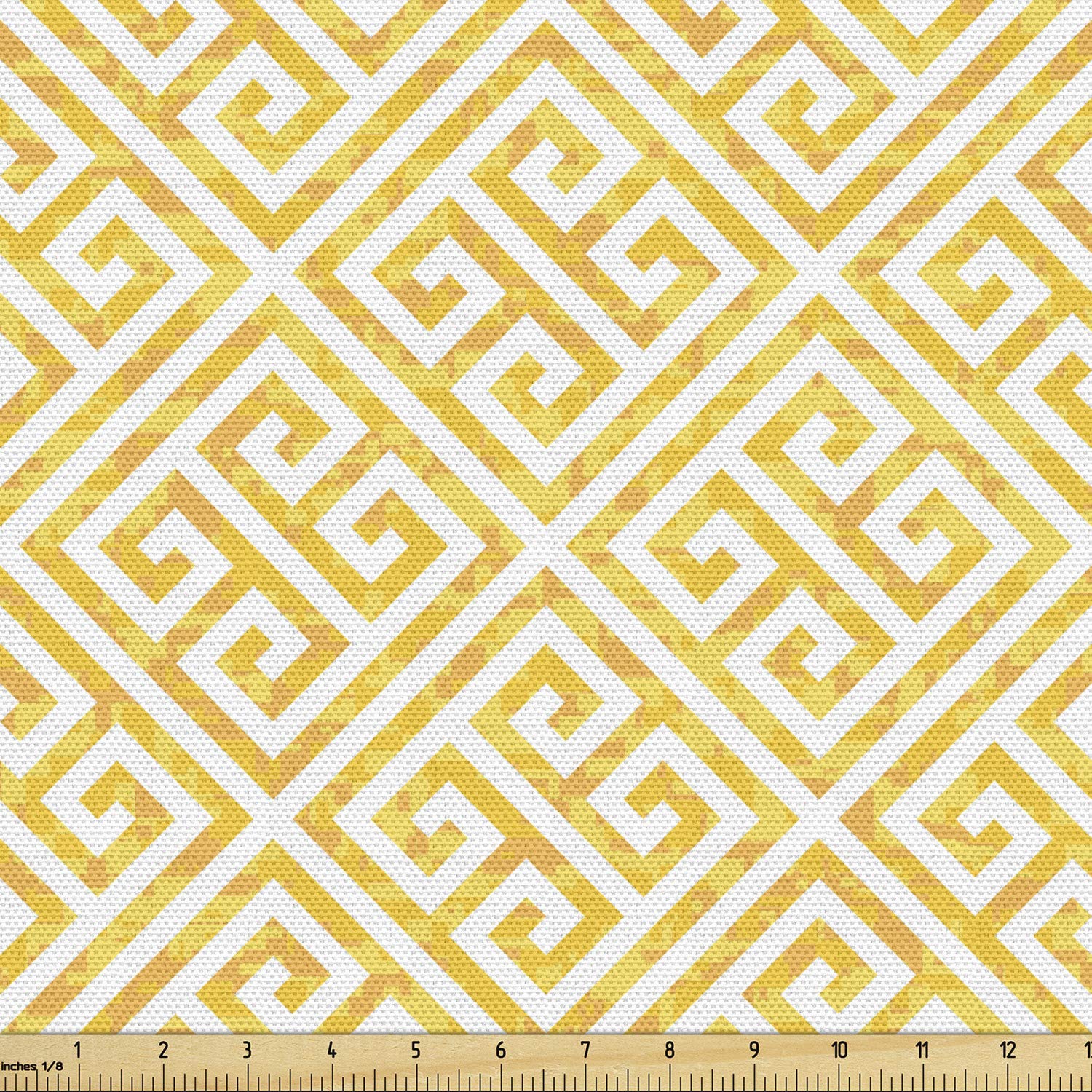 Ambesonne Geometric Fabric by The Yard, Apricot Tone Tiles with Lines and Squares Grunge Looking Antique Pattern, Decorative Fabric for Upholstery and Home Accents, 5 Yards, Yellow White