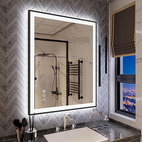 Yamazakura Espejo de baño LED de 36 x 28 pulgadas con retroiluminación y luz frontal, espejo iluminado regulable enmarcado para pared, antivaho