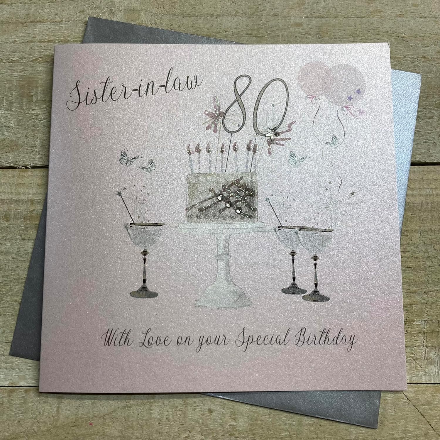 WHITE COTTON CARDS Happy 80th Birthday Card Sister-in-Law Champagne Glasses Pink Roses SS42-SIL80