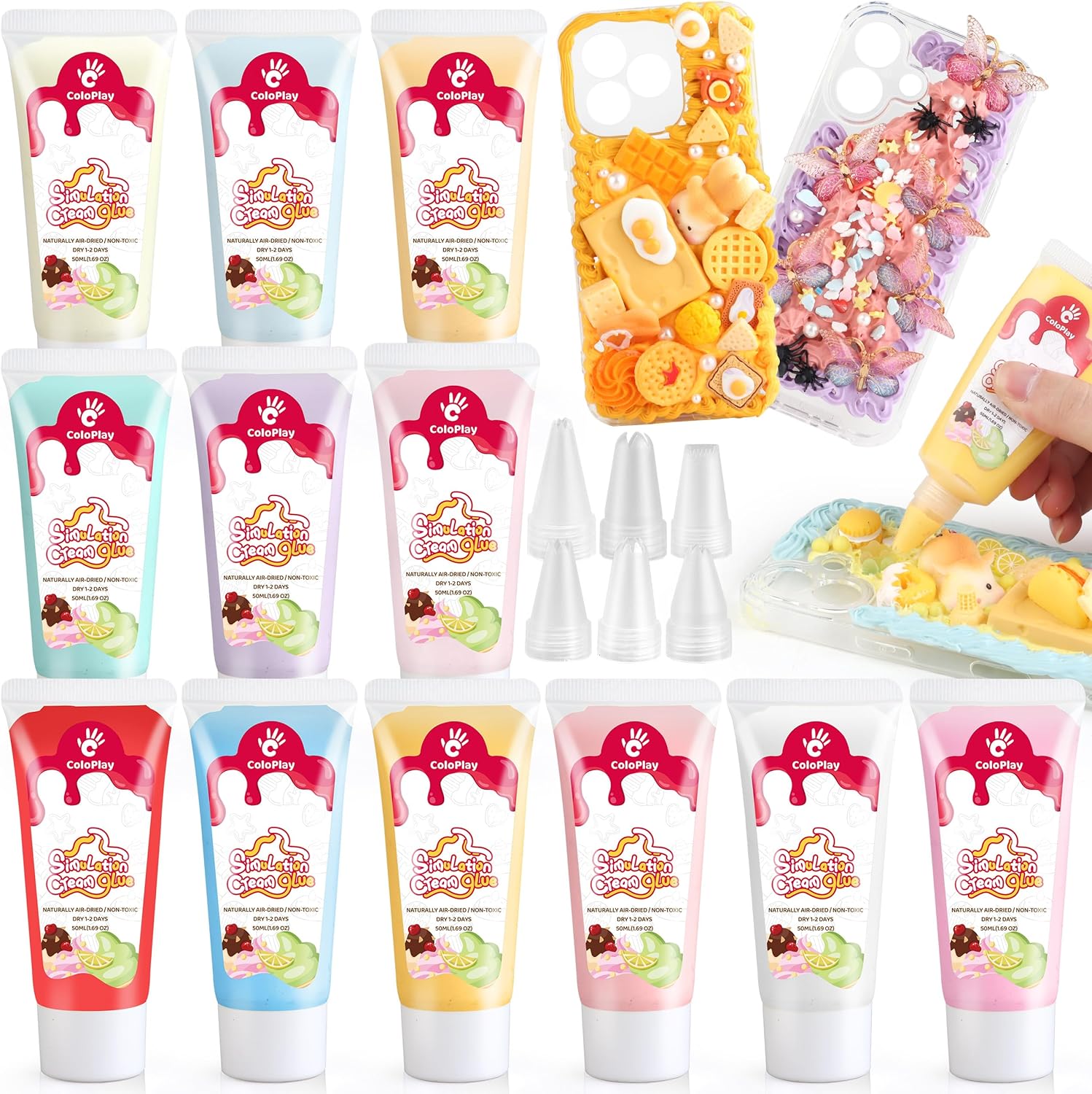 Cream Glue, 12PCS 50g Whipped Cream Glue Kit with 18PCS Piping Tip, DIY Phone Case Kit for Decoration Craft for Birthday, Christmas(Haze)