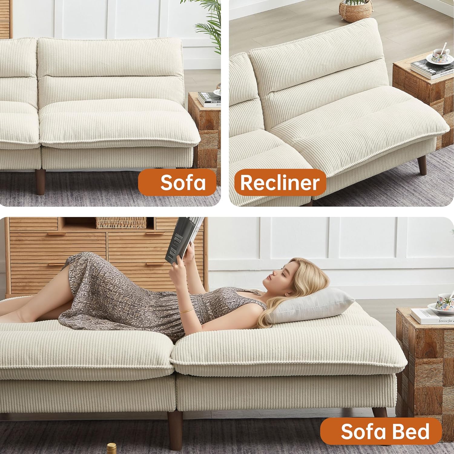 Convertible Sofa Bed 72″ Fabric Couch with Adjustable Backrest Loveseat Recliner Sleeper Living Room Furniture futon Set for Apartment Small Space, Beige