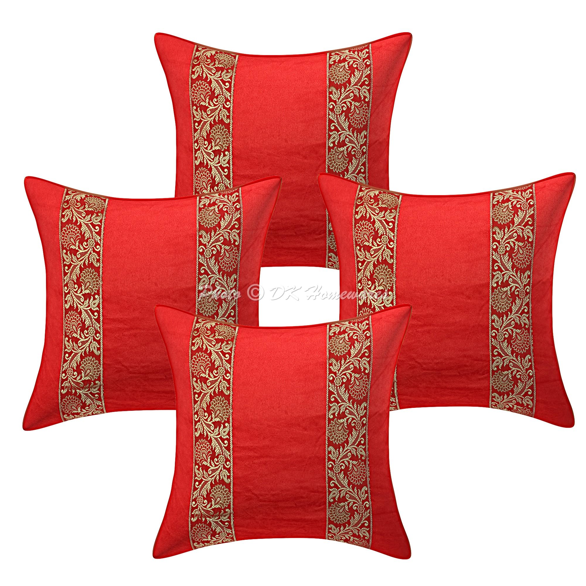 DK Homewares Indian Couch Scatter Pillowcases Red 40cm x 40cm Brocade Jacquard Velvet Boho Square Bedroom 16x16 Inches Sofa Cushion Covers - Set of 4 Pcs