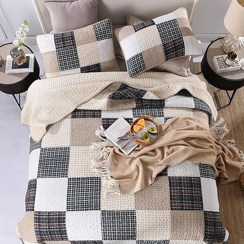 Miniatura 3 de KALOOLA Juego de edredón de retazos, tamaño Queen, 100% algodón, ligero, reversible, acolchado, con 2 fundas de almohada, juego de ropa de cama con