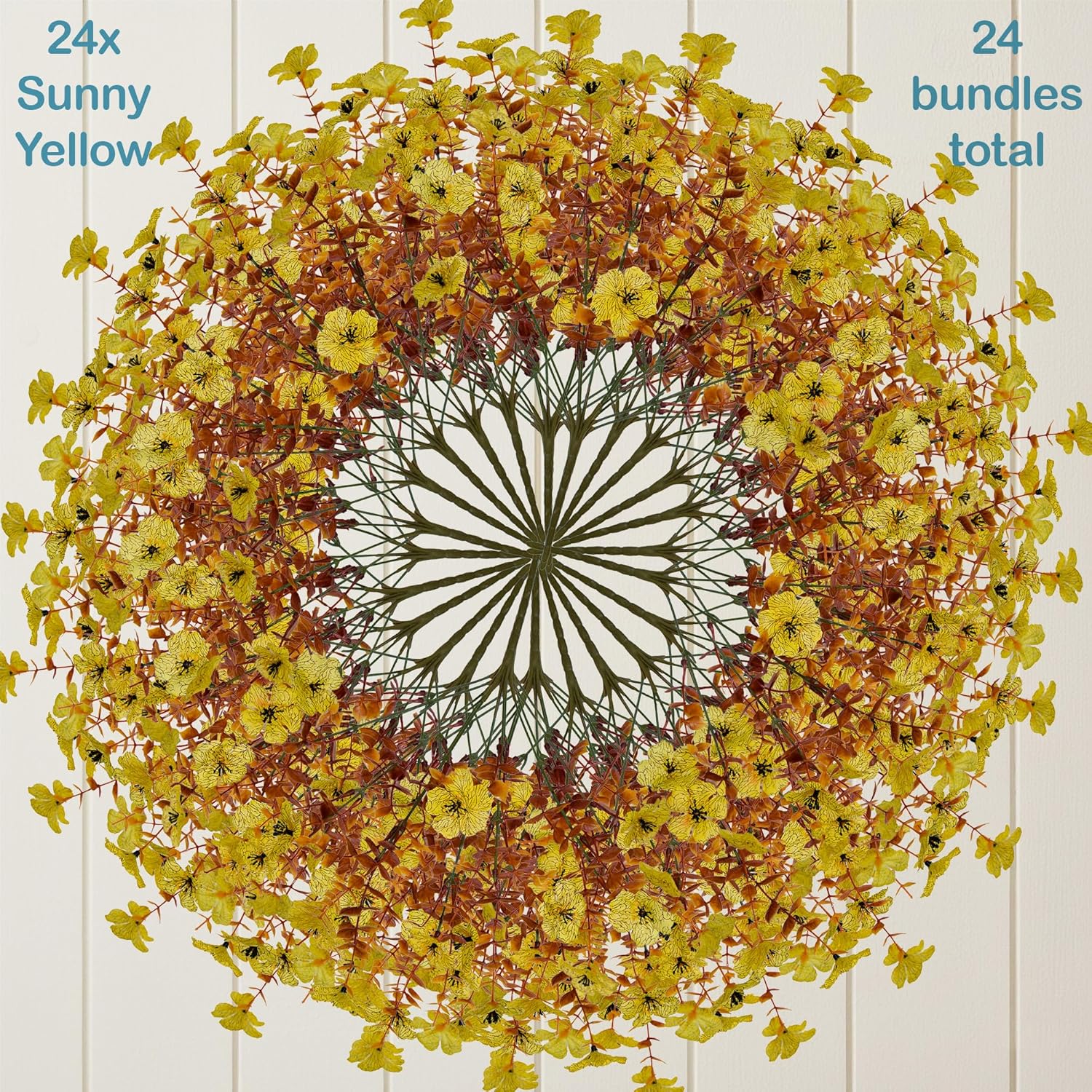 2 Pack Outdoor Faux Flowers with 12" Hanging Basket Planters and Foams - 24 Bunches of UV Resistant Fade Proof Artificial Yellow Mums for Front Porch Patio Balcony Terrace Yard Home Decor