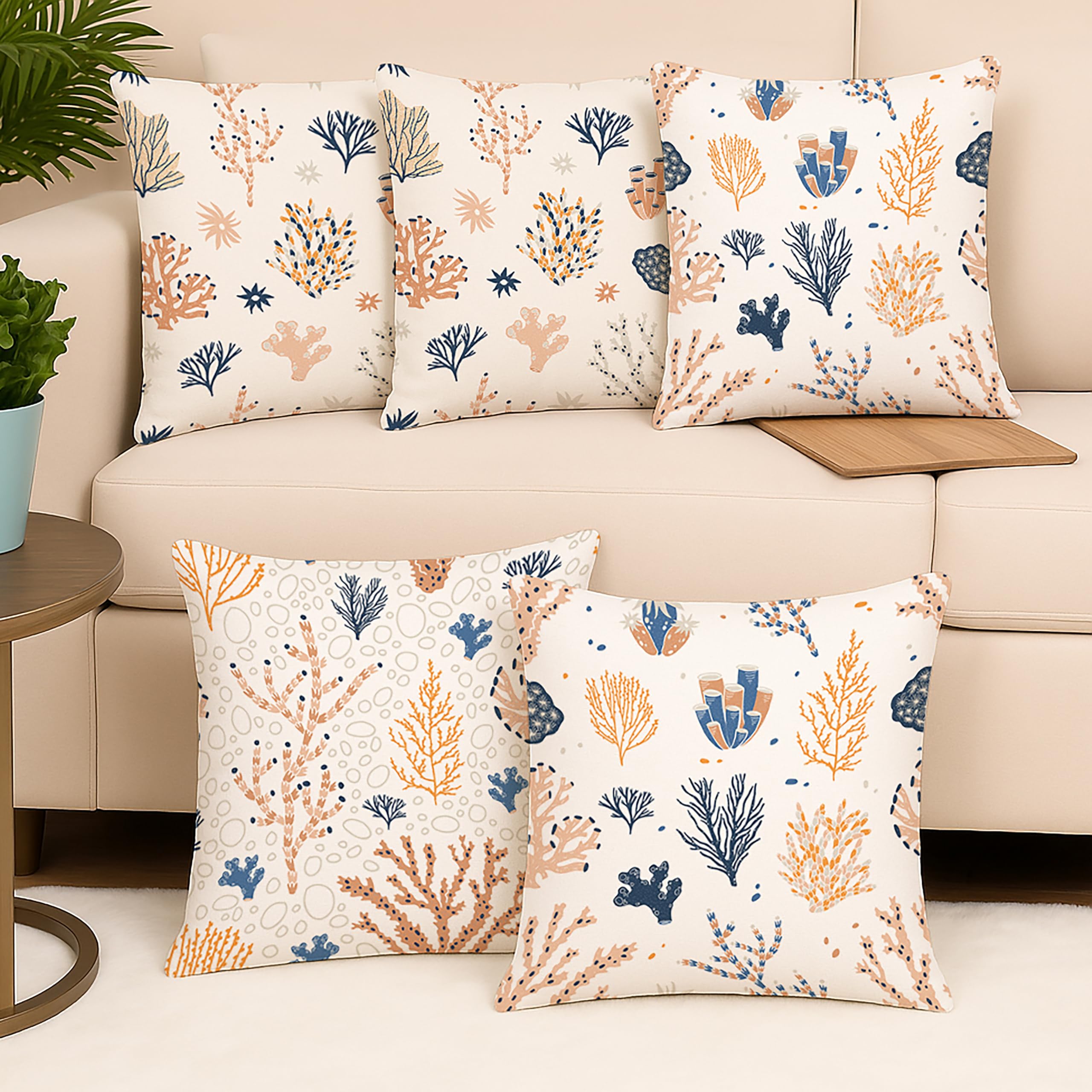 Amazon Brand - Umi Coral Design Printed Polycotton Cushion Covers | Decorative Square Throw Pillow Cases for Sofa, Living Room & Bedroom | Set of 5 (16 x 16 Inches)