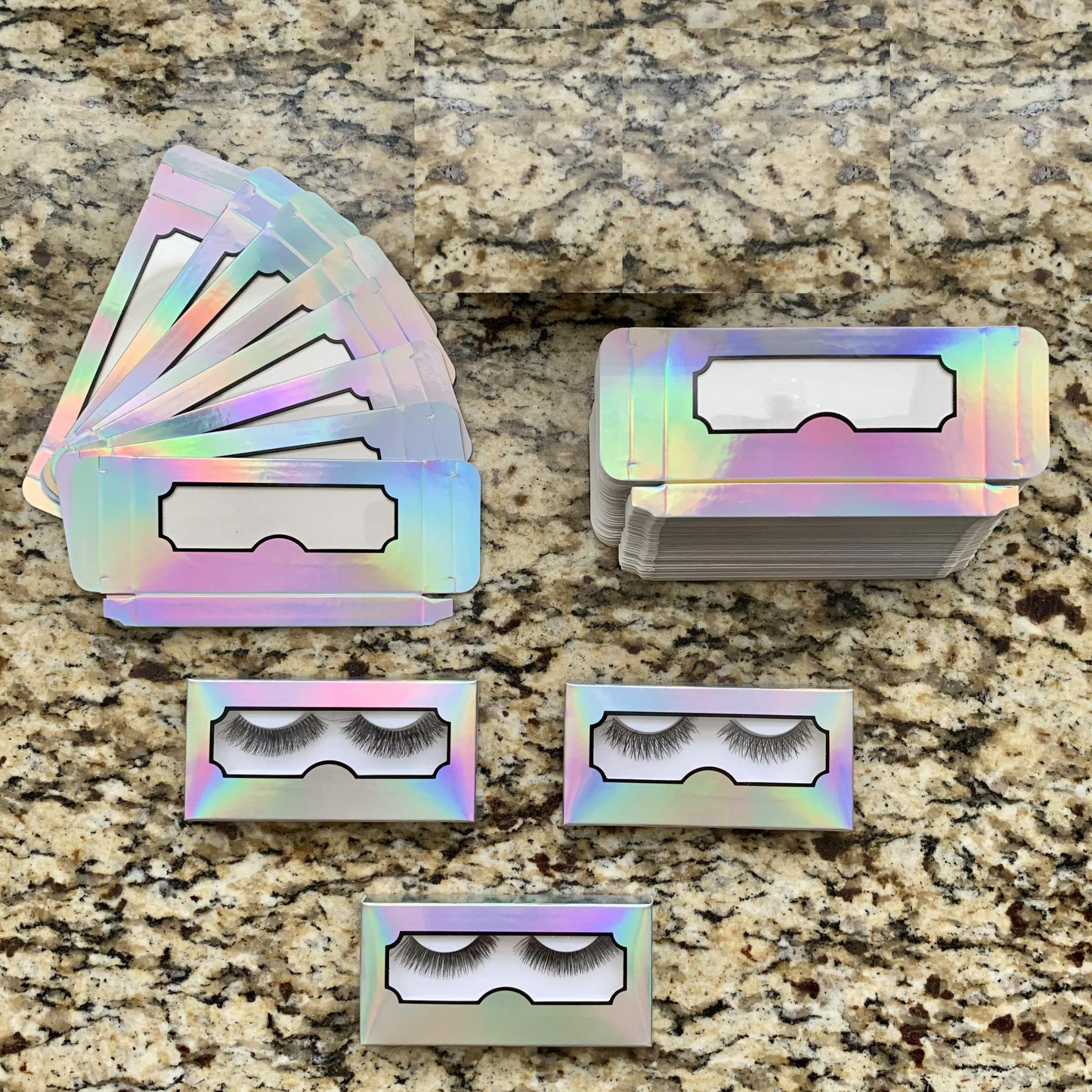 NEW-Empty Lash Box for Wholesale- 50 BOXES! Box Packaging- Soft Paper Lash Box Holographic Design for 25MM 3D Mink Strip Lashes (Silver Holographic)