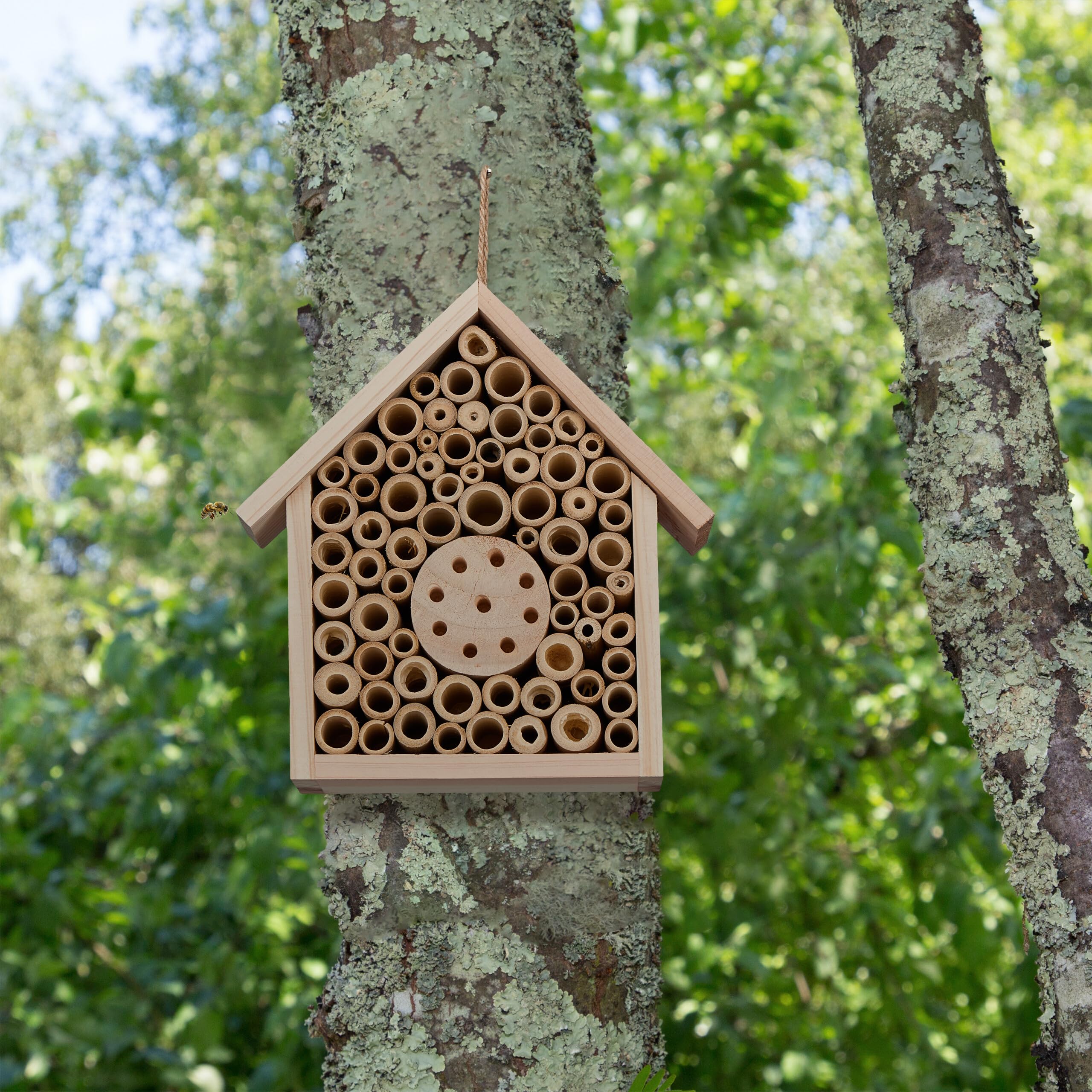 Relaxdays Nido para Abejas Solitarias, Hotel para Insectos, Madera, Exteriores, Colgante, 20,5 x 19,5 x 8,5 cm, Natural