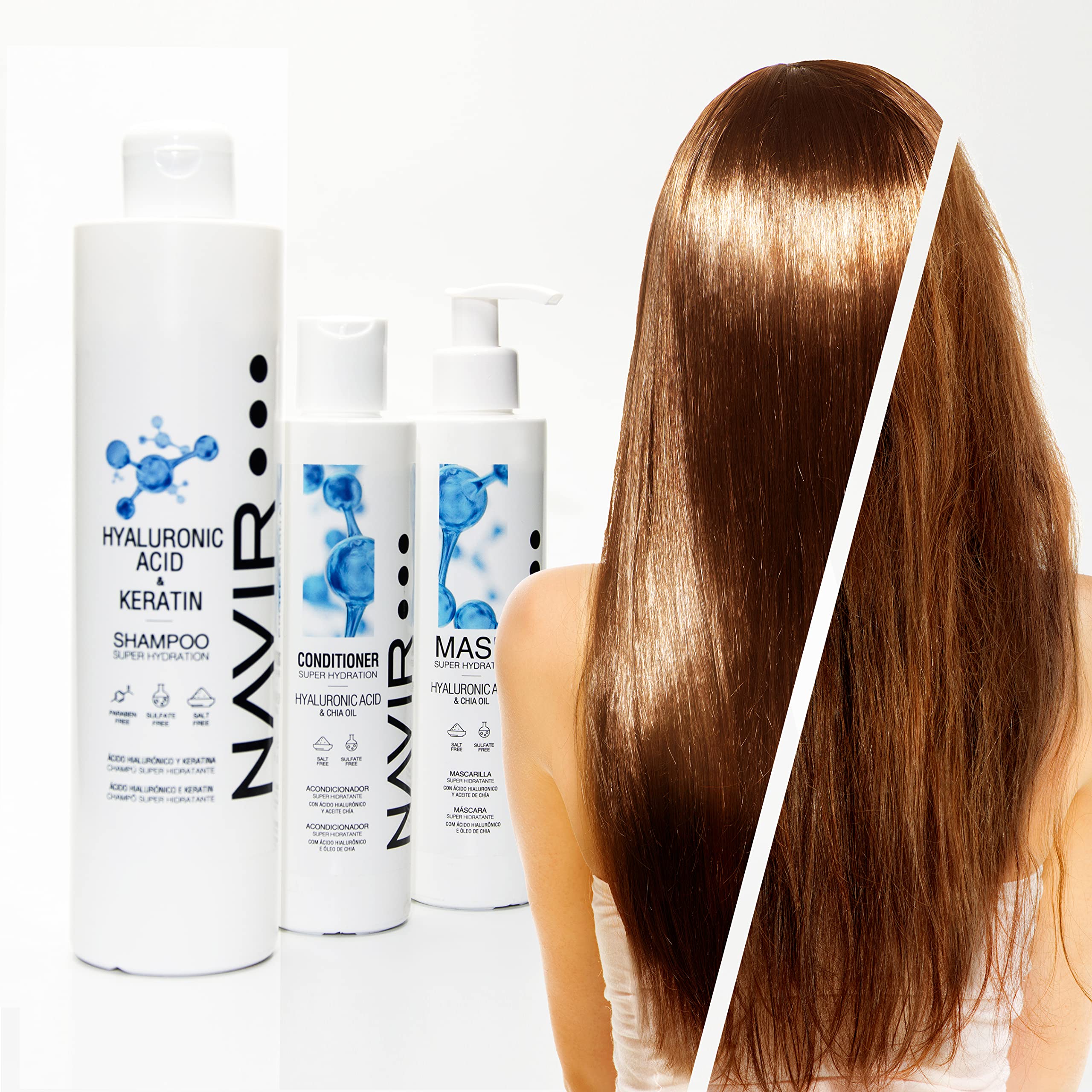 NAVIR Profesional | Pack champú sin sulfatos ni parabenos con Ácido Hialurónico y Keratina, mascarilla y acondicionador – Tratamiento post alisado orgánico hidratante para cabello - 500ml+200ml+200ml