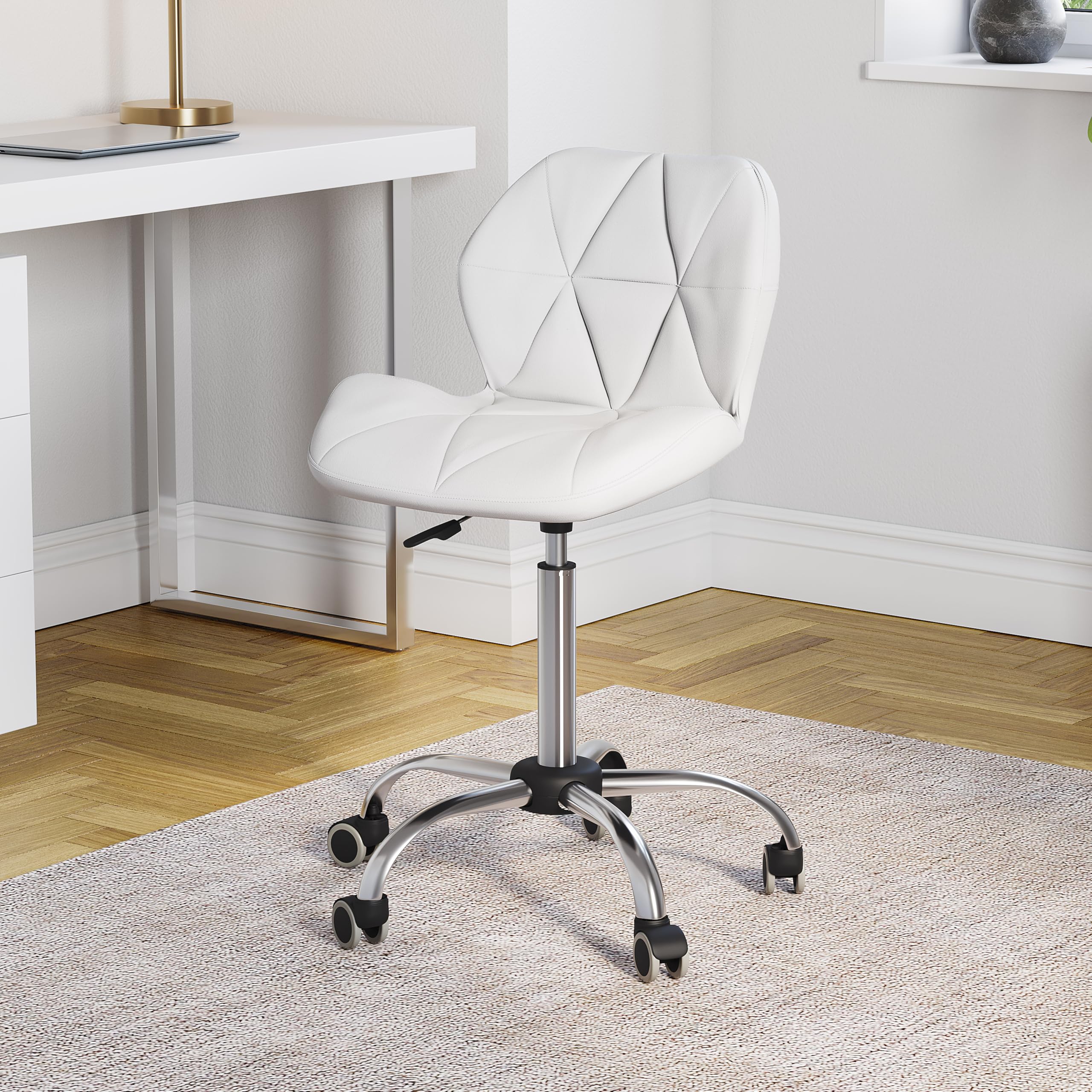Vida Designs Geo-Silla de Oficina para computadora, Color Blanco, con Patas giratorias Ajustables y Elevadoras de Piel sintética cromada, Cuero, White, H 80-96 x W 47.5 x D 49 Cm