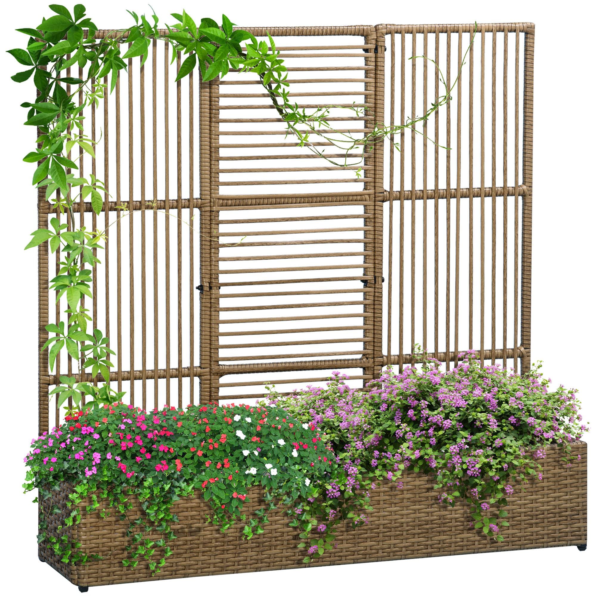 Outsunny Jardinière avec Treillis jardinière sur Pied Support pour Plantes avec Treillis bac à Fleurs rectangulaire en résine tressée PE et Acier dim. 103L x 29l x 103H cm Marron
