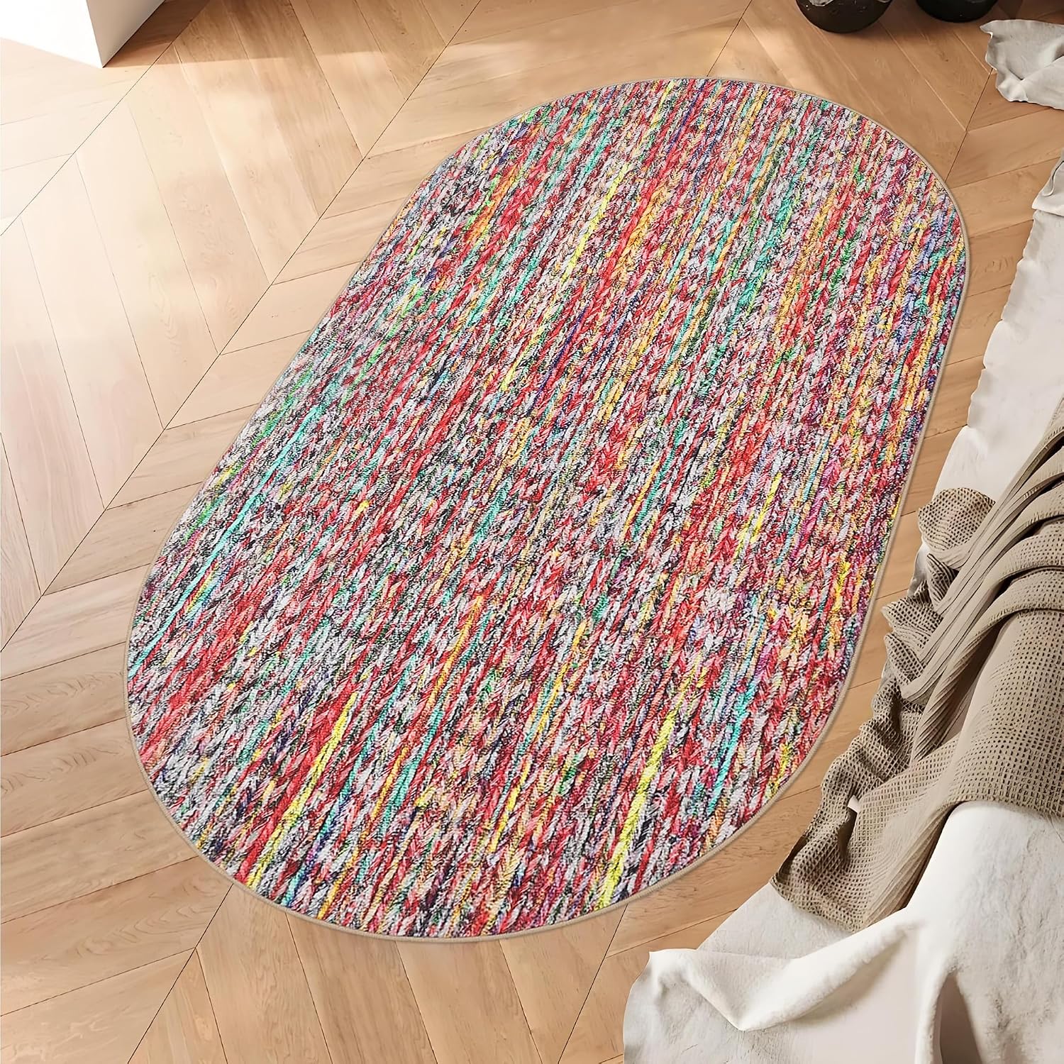 COZYLOOM 3x5 Oval Area Rug Small Bedroom Rug Machine Washable Rug Modern Braided Print Dining Room Throw Rug Non Slip Stain Resistant Modern Solid Accent Carpet for Kitchen Entryway, Colorful