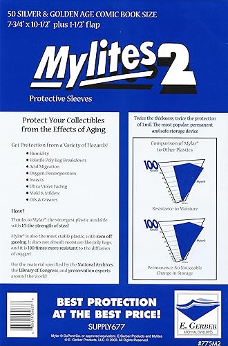 Mylites - Libro de cómics de 2 mil, tamaño plateado y dorado, tamaño de 7 34 x 10 12 pulgadas, solapa de 1-12 pulgadas, paquete de 50