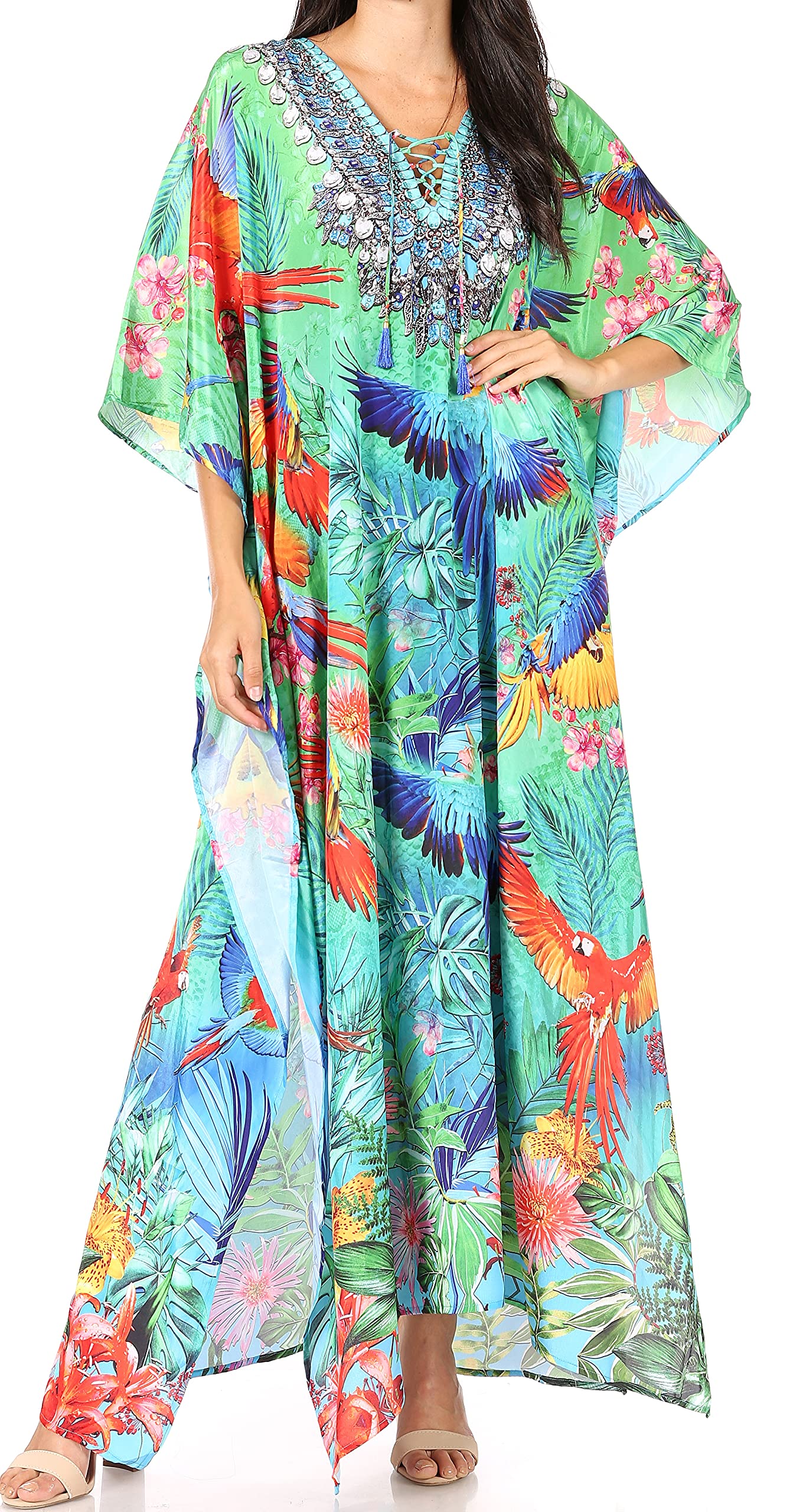 Sakkas Yeni Women's Short Sleeve V-Neck Summer Floral Long Caftan Dress Cover-up