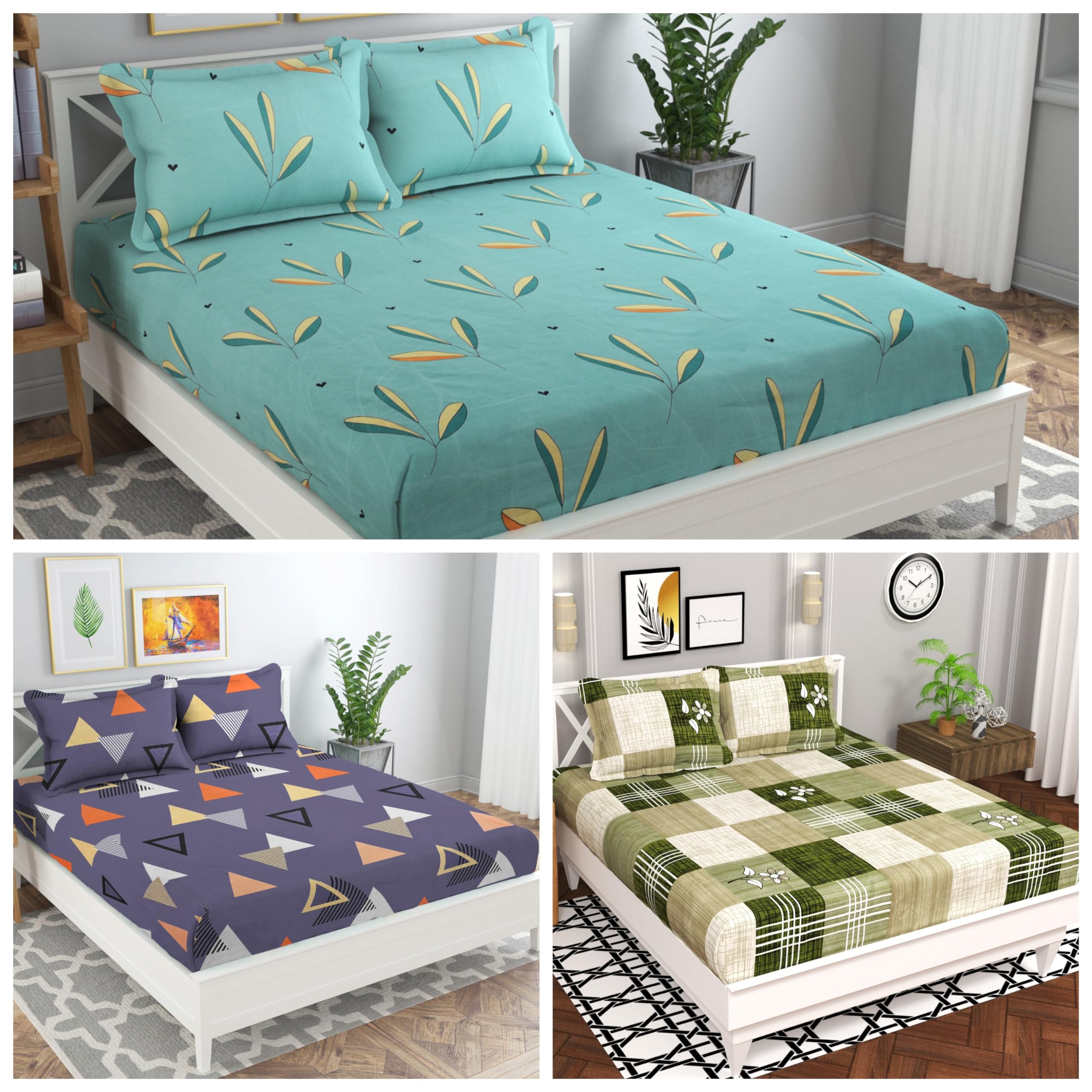 VAS COLLECTIONS Combo Pack of 3 Double Bedsheet with 6 Pillow Covers | 180 TC Soft Brushed Cotton-Blend -Long Lasting & Wrinkle Free for 7.5X7 Ft Set of 9 Pcs. Multicoloured,-image-10