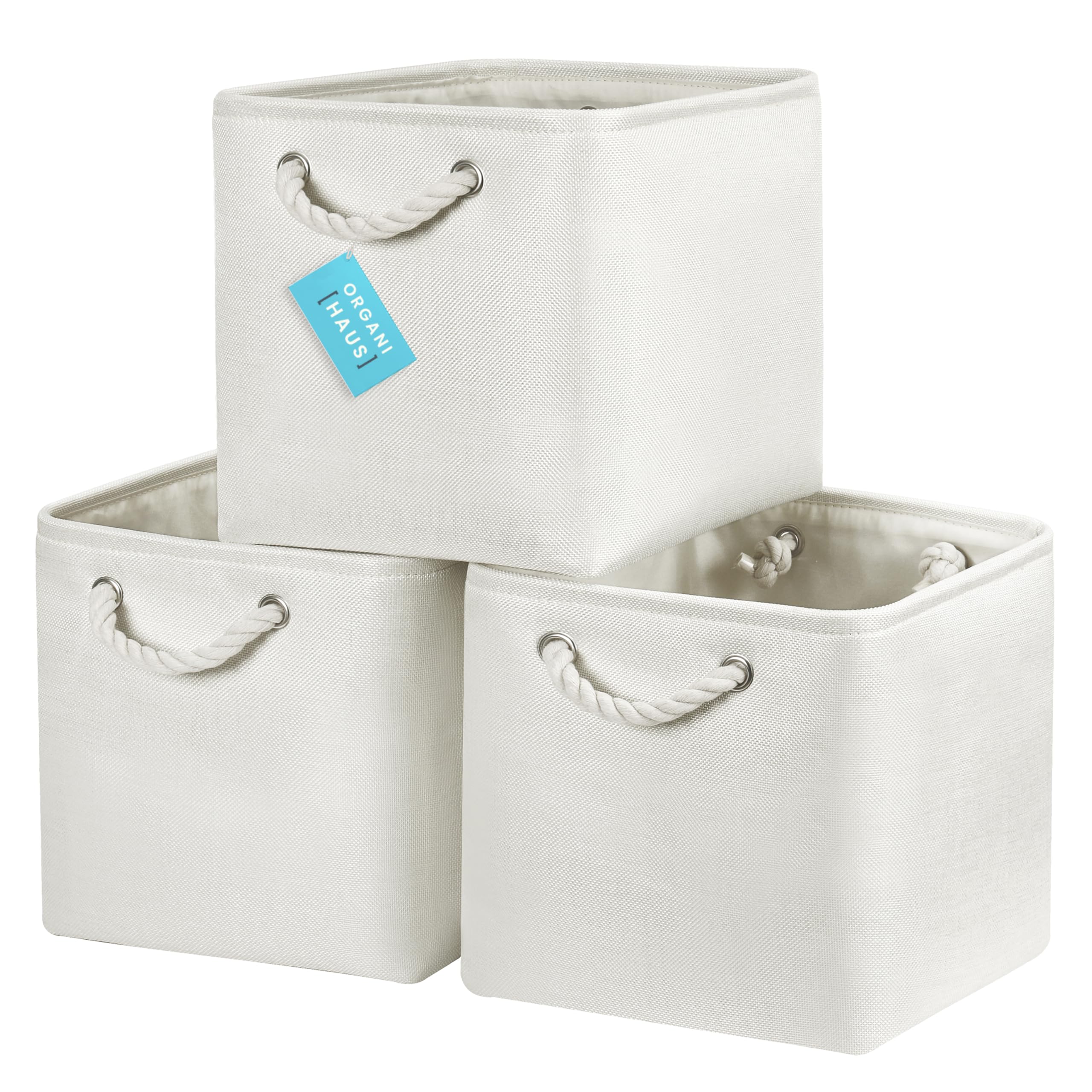 OrganiHaus Set di 3 Cubi Scatole Portaoggetti 28x28, Cestini Portaoggetti in Tessuto con Manici in Corda, Cubi Portaoggetti Pieghevoli per Libreria Kallax, Cestino per la Cameretta. Bianco