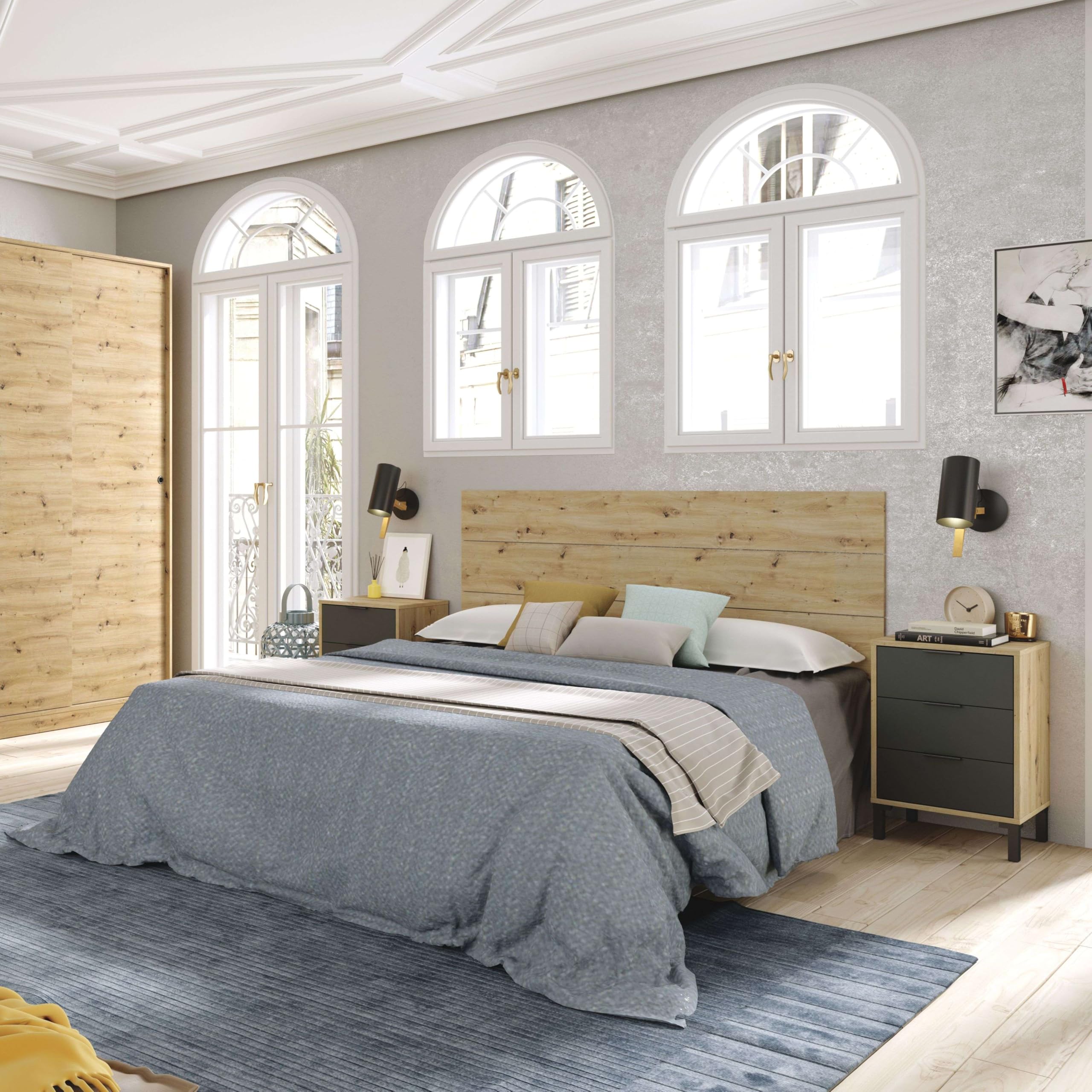 Testina + 2 comodini di notte, testiera per letto matrimoniale, modello Enzo, finitura in rovere Nodi e grigio antracite, Dimensioni: 160 cm (larghezza) x 60 cm (altezza) x 2,5 cm (profondità)