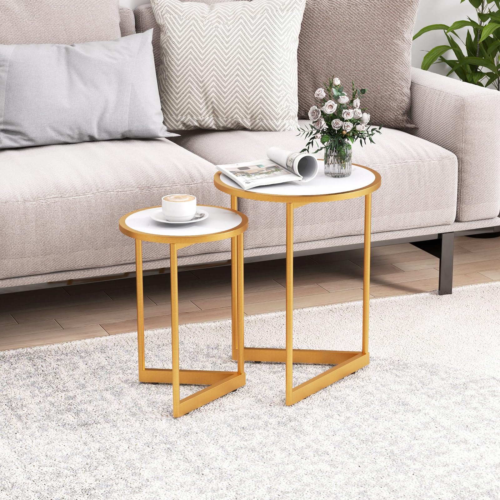 LIFEZEAL Set di 2 Tavolini da Salotto, Rotondo, Sovrapponibile, Oro, Bianco, Effetto di Marmo, Tavolino da Caffè, Tavolino Basso Laterale, Tavolino Lato Divano, Legno+Metallo, Moderno, Soggiorno