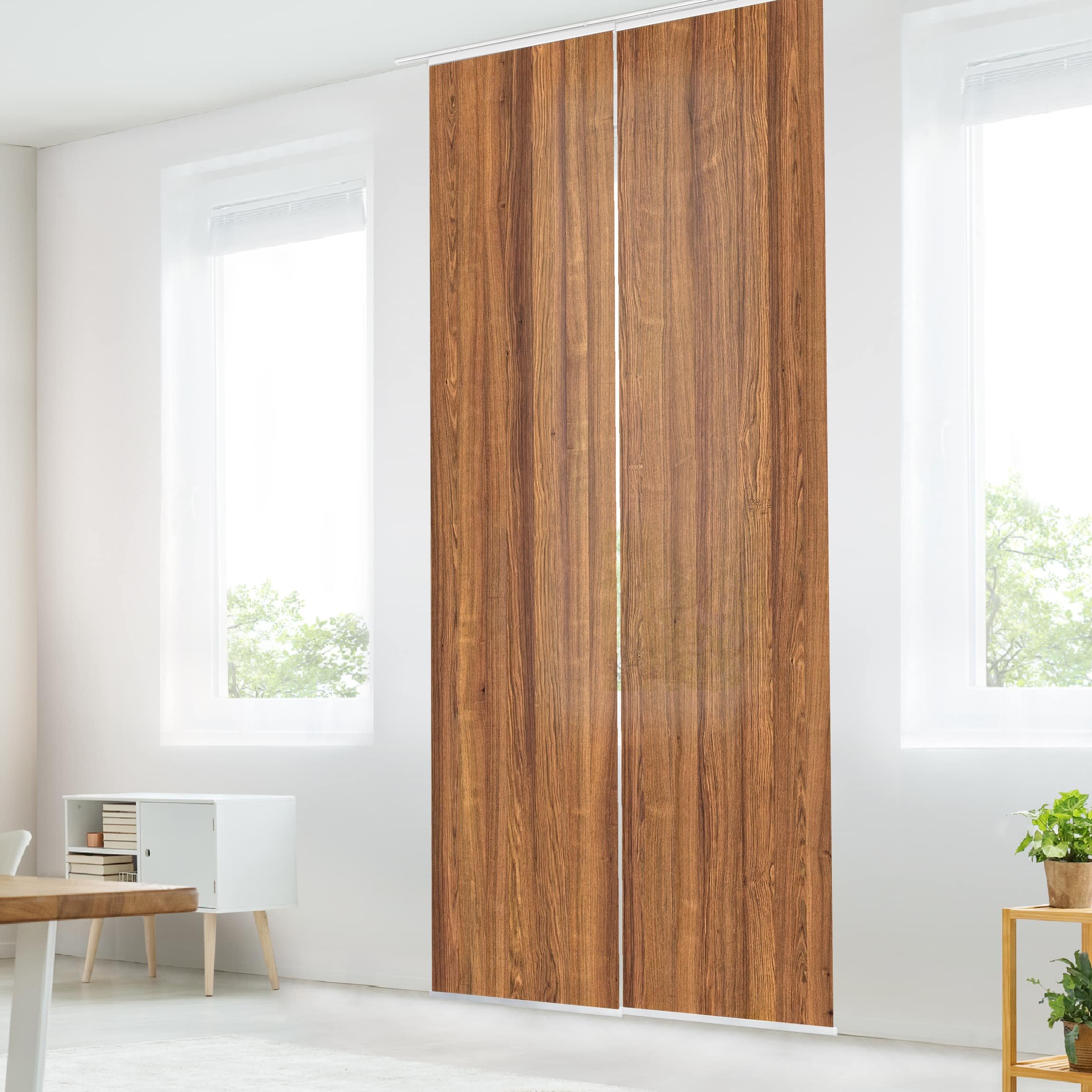 Schiebegardine halbtransparent 60er Paneel Klett Holzoptik Textil lichtdurchlässig - Motiv Modern Flächenvorhang Wohnzimmer Schlafzimmer 1272 (120x250 cm - 2er Set)
