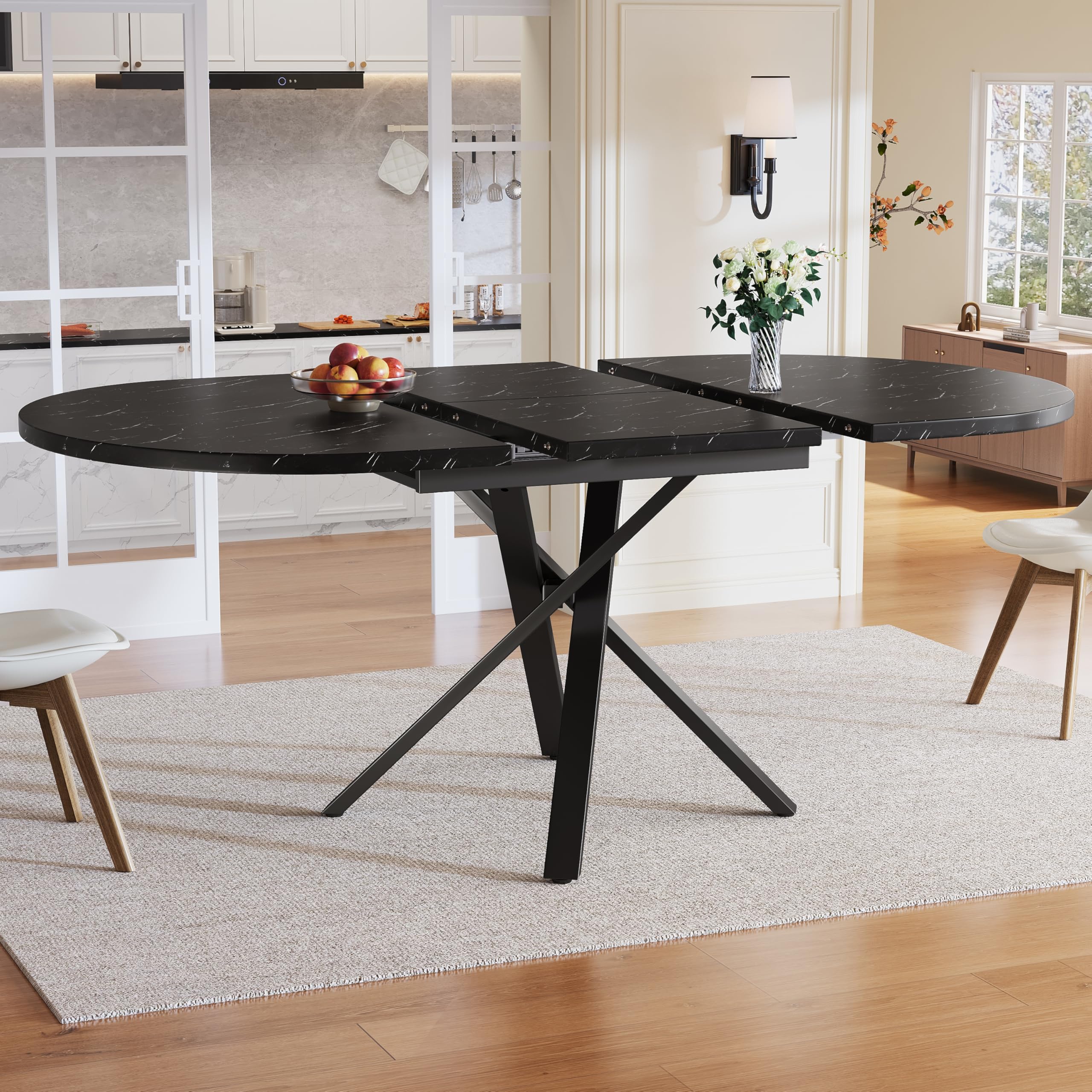 Tavolo da pranzo rotondo allungabile 100/140×100×75,5 cm, tavolo da pranzo - piano in legno effetto marmo, tavolo da cucina per 4-6 persone, tavolo rotondo con gambe in ferro, tavolo allungabile per
