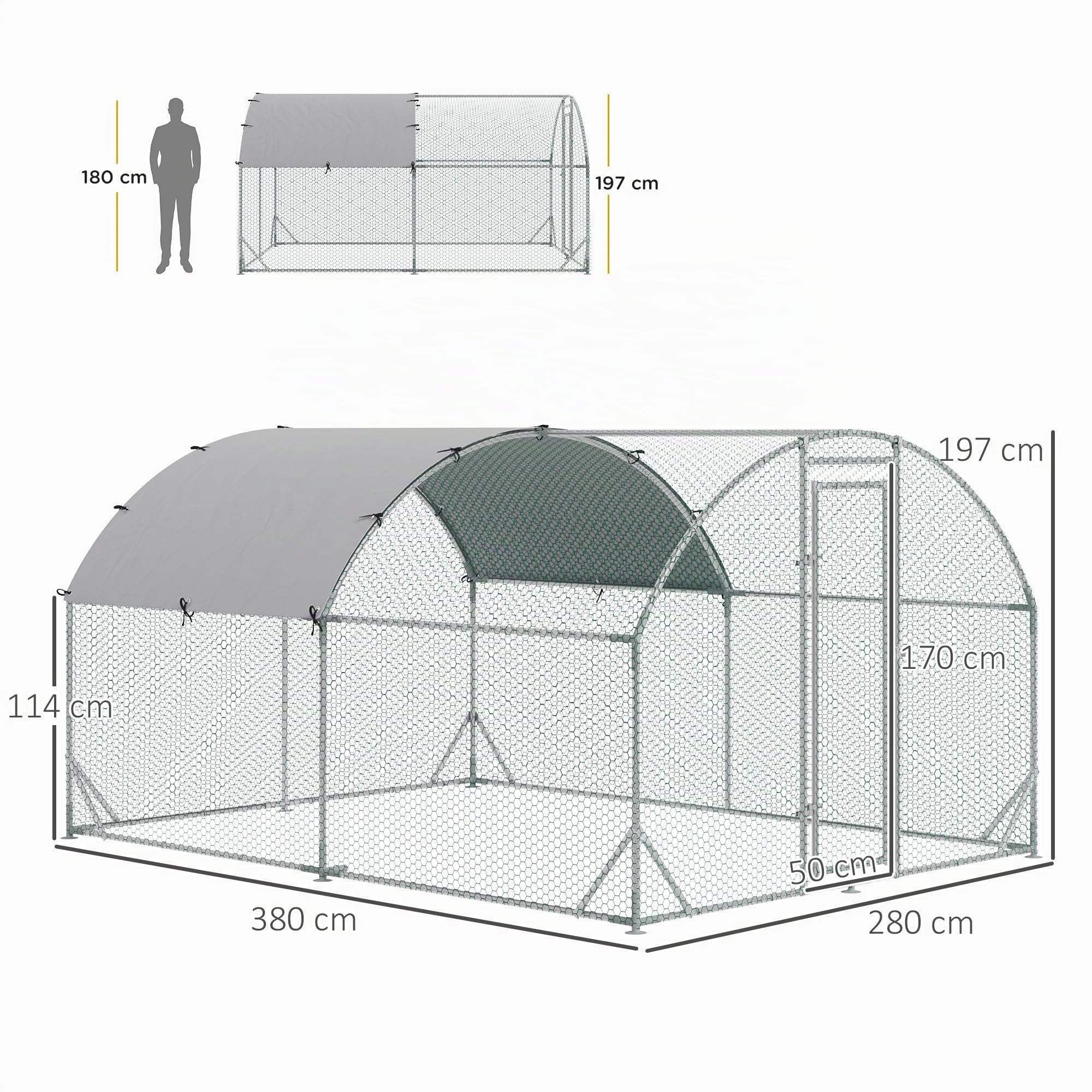PawHut Grand Enclos Poulailler Extérieur 10,64 ㎡ 2,8 x 3,8 x 1,97 m Argenté | Chenil, Volière Extérieure, Parc Grillé, Toit Anti-UV, Acier Galvanisé, Porte Verouillable