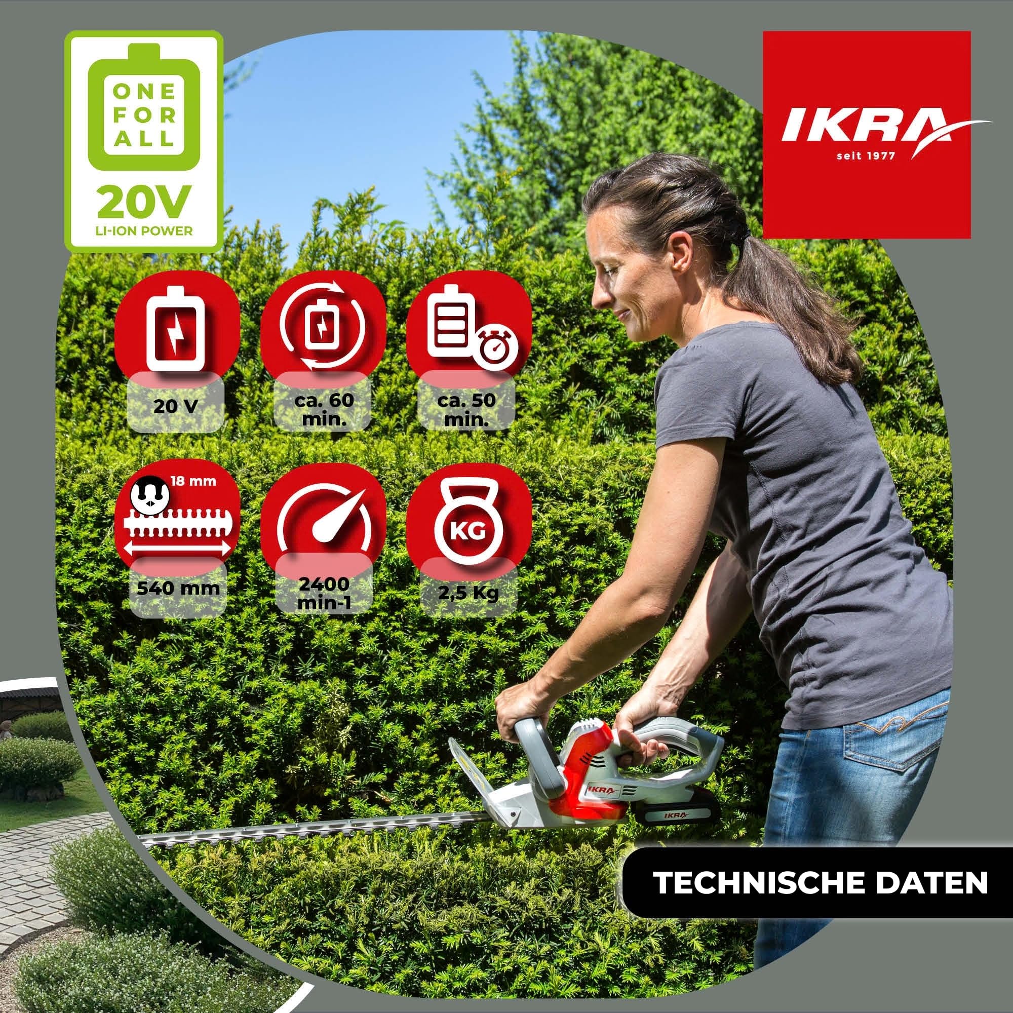 IKRA Heckenschere IAHS 20-1 inkl. 2 Akkus 20V & Schnellladegerät | Schnittlänge 54cm, Schnittstärke 18mm, Rundgriff mit Softgrip, Messer mit Anschlagschutz, 20 Volt Akku-Familie von IKRA