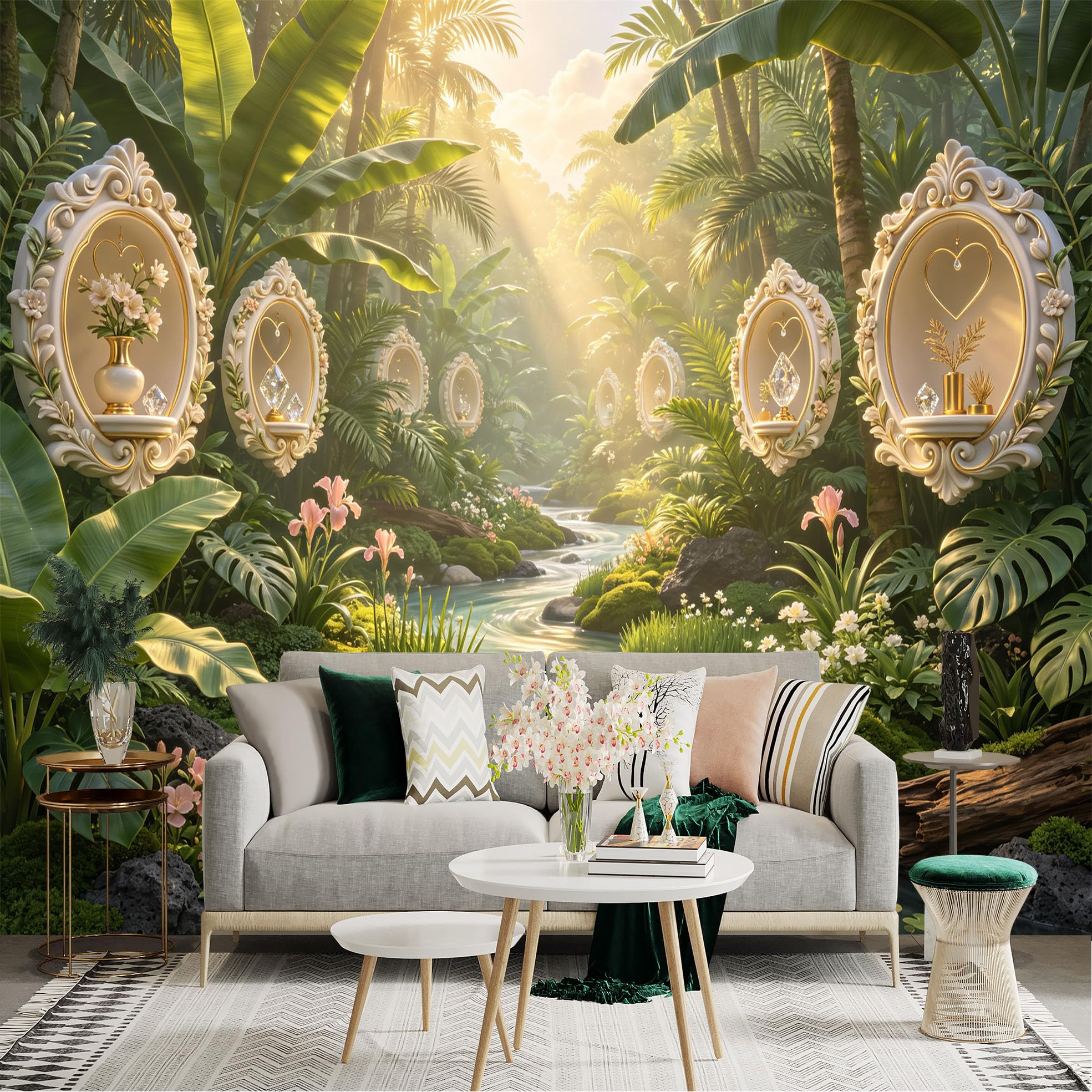 Lnzczhyre Bh260719152 Custom Size Wall Sticker Mural， Tropical Jungle Stream， Floating Baroque Ornate Frames， Exotic Botanical Garden， Radiant Sunlight， For Wall Decoration， Peelandstick Wall Decals.
