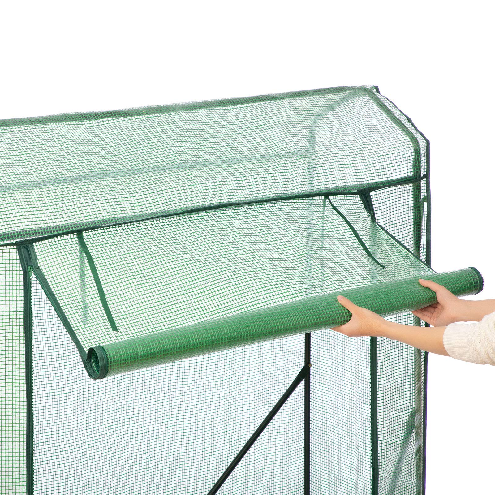 LARMNEE Serre de Jardin, Serre Tomate, Toit Incliné, Anti-Accumulation de Pluie, Cadre métallique Solide et Film PE Plus Long, avec Porte Enroulable, Anti-UV, 150 x 50 x 150 cm, Vert EGN31GH02
