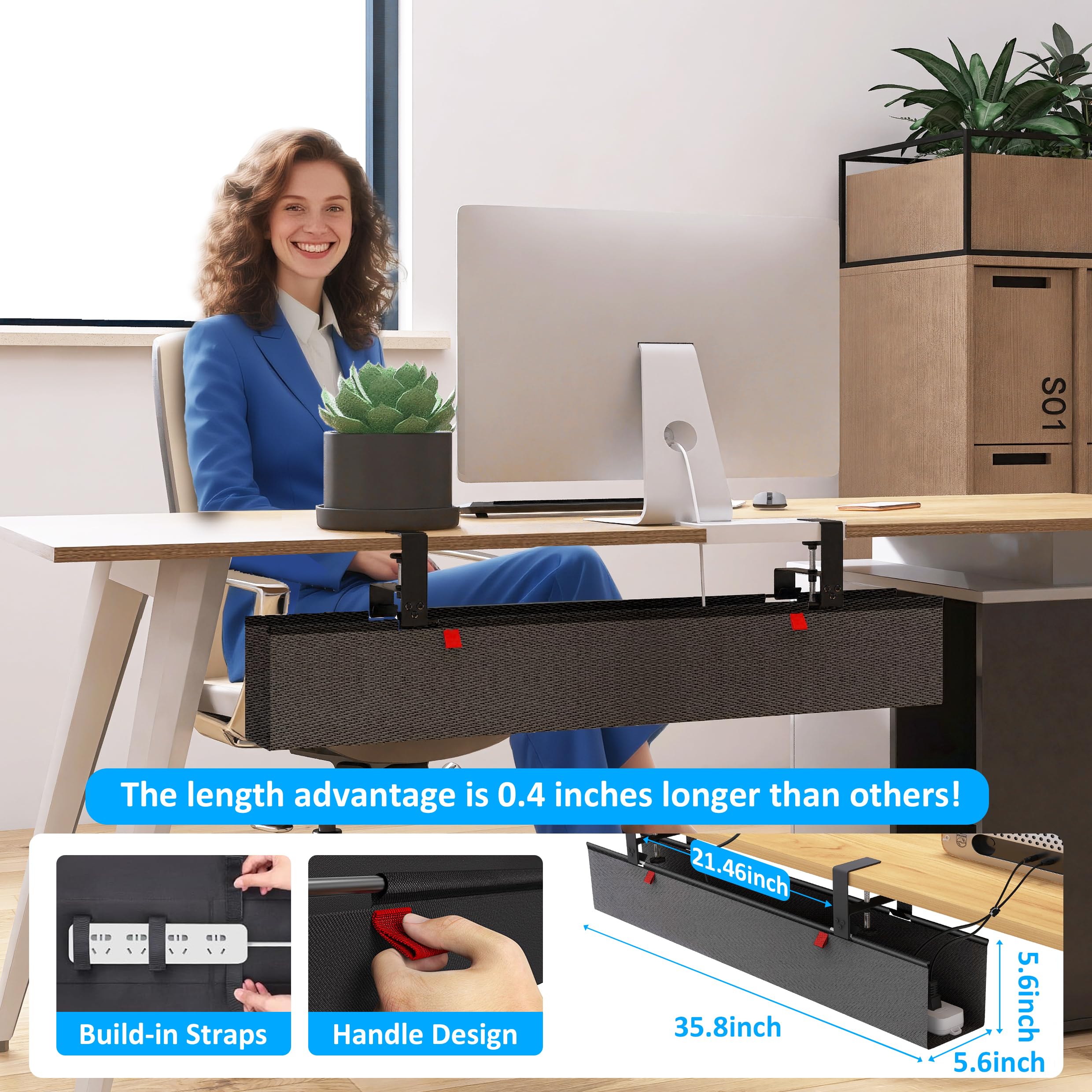 Kabelmanagement-Tablett unter dem Schreibtisch, Kabelmanagement unter dem Schreibtisch, Klemm-/Schraubbefestigung, Stoffdraht-Management, Kabelführung, Kabelverstecken für Büro/Zuhause