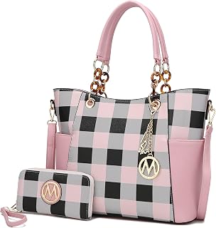 MKF Collection Mariely Checker Tote Bag & Wallet Set - Vegan Leather Top Handle Purse for Women, Chic 2-Piece Handbag