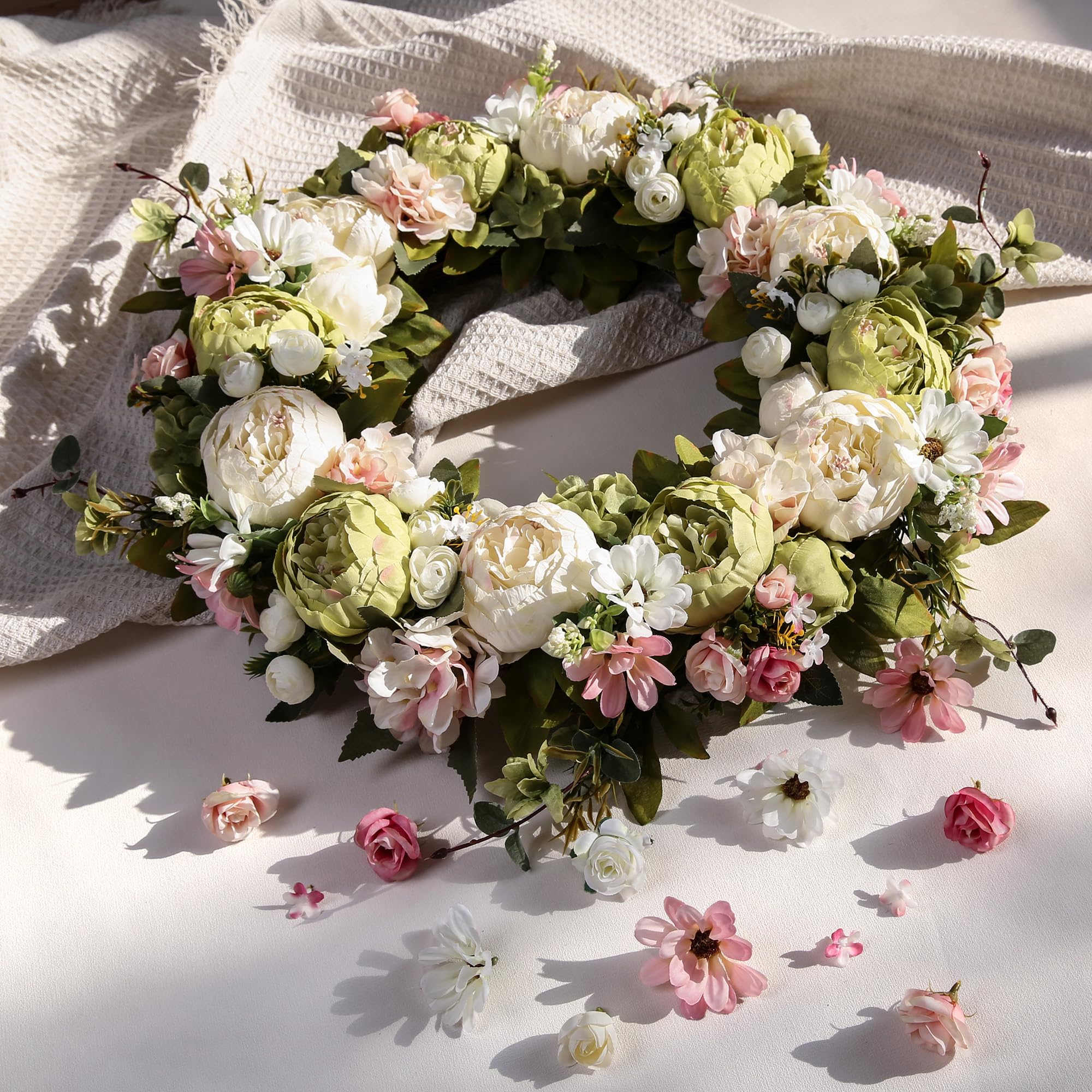Ghirlanda di peonie da 58,4 cm, ghirlanda floreale artificiale per porta d'ingresso, decorazione da parete, decorazione per la casa, festival, celebrazioni, feste di nozze, nuovi proprietari,