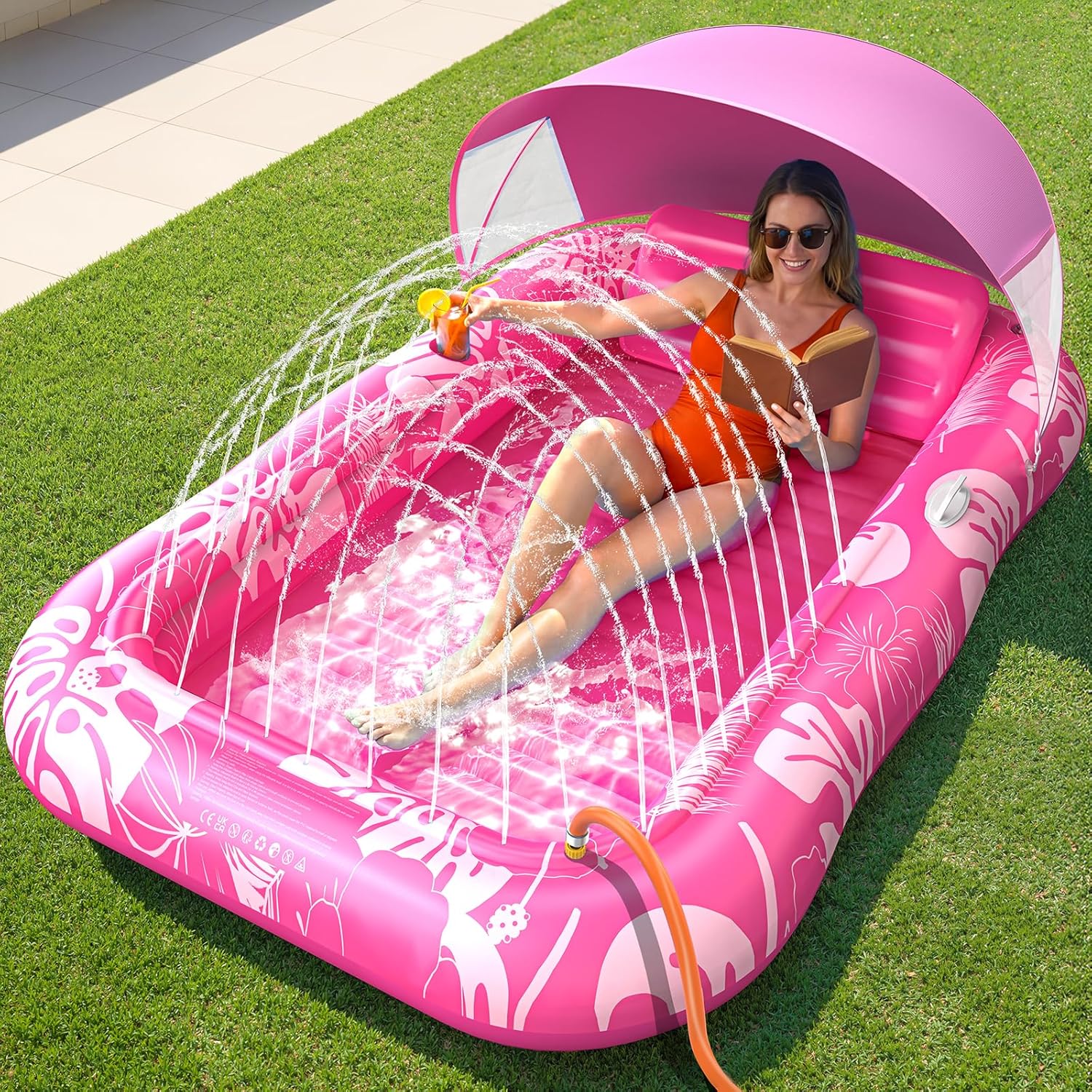 Inflatable Tanning Pool Lounger Float with Sprinkler & Canopy UPF50+, 77" x 48" Extra Large Tanning Pool Float for Adults, Sunbathing Water Lounge Bed with Pillow & Cup Holder for Backyard & Pool