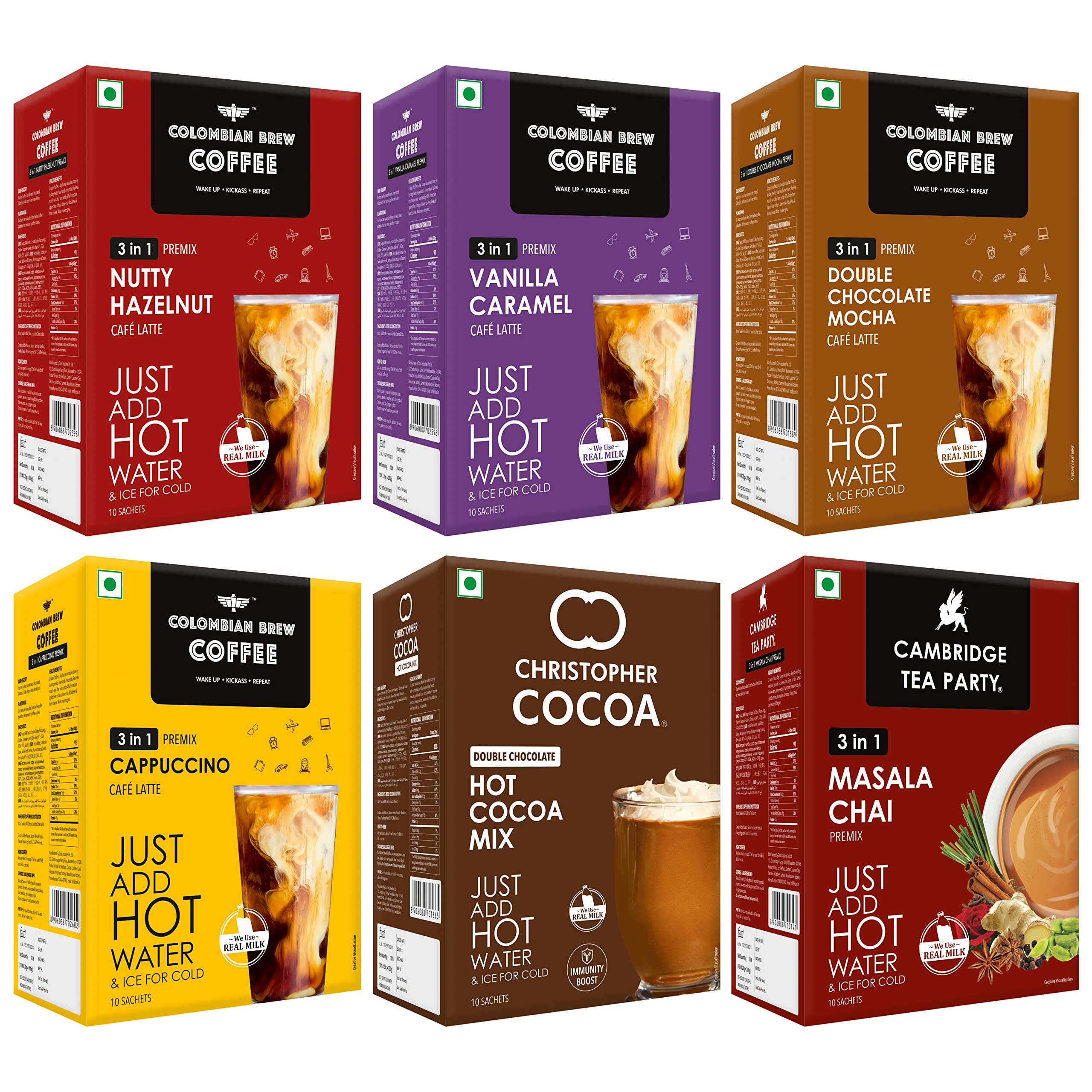 Colombian Brew Coffee Premix Cappuccino, Hazelnut, Vanilla Caramel, Double Choco Mocha, Cambridge Tea Party Masala Chai Premix, Christopher Cocoa Hot Cocoa Mix 10 3 in 1 Instant Premix Sachets Box x 6 (B09RPW74J9) Amazon Price History, Amazon Price Tracker