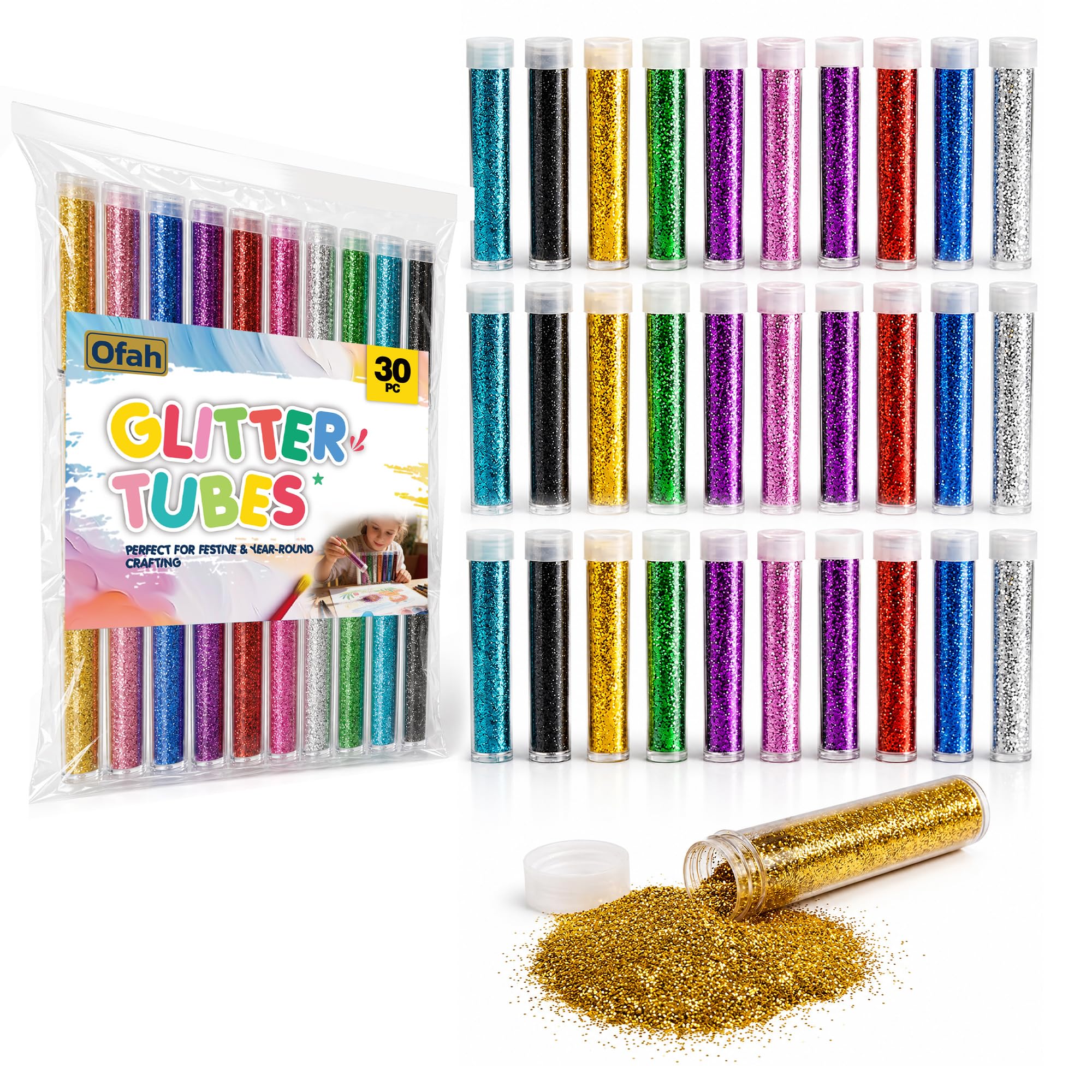 Griplox Glitter Tubes Pack of 30, Vibrant Craft Glitter Set with Controlled Dispensing Tubes, Mess-Free Fine Glitter for Resin Art, Candles, Cards, DIY Crafts, Decorations and Custom Clothing