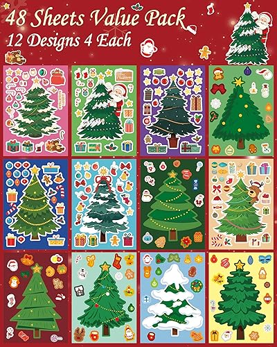 Miniatura 2 de 48 hojas para hacer tus propias calcomanías para árbol de Navidad para niños, 12 diseños diferentes de árbol de Navidad, regalos divertidos para