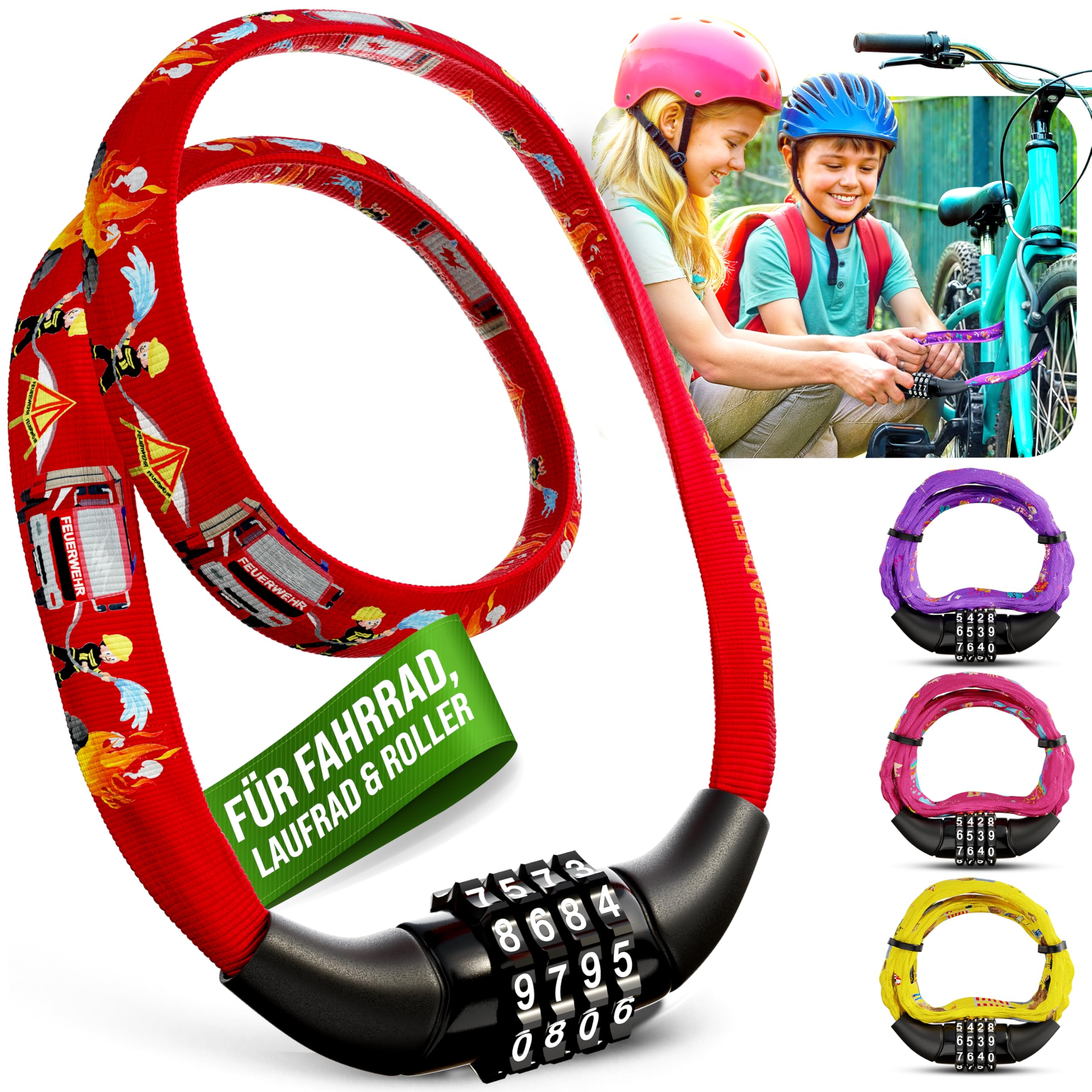 Fahrradschloss Kinder mit Zahlencode – leicht und sicher – Kinder Fahrradschloss Zahlenschloss – 65 cm – Zahlenschloss Fahrrad – Schloss Zahlencode für Kinderfahrrad – Einhorn, Feuerwehr