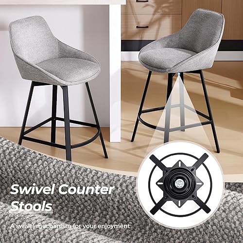 Miniatura 4 de Flouki Juego de 2 taburetes giratorios para mostrador, taburetes de bar grises para isla de cocina, sillas de bar modernas de tela de lino, base de