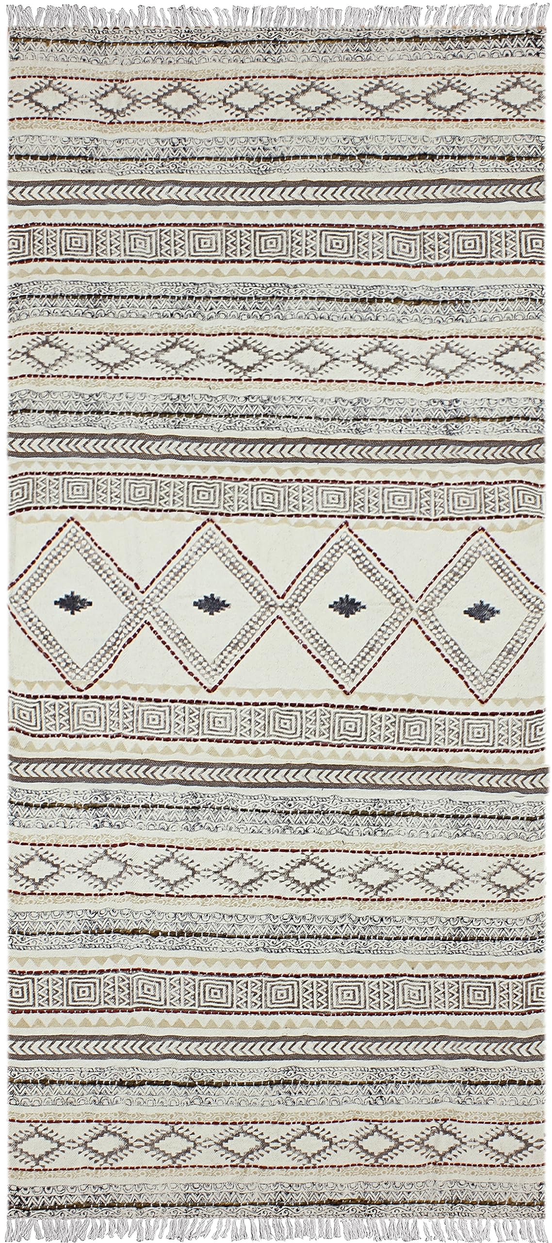 Kilim Bieżnik bawełniany 2,6 x 4, beżowy i brązowy chodnik boho, do wewnątrz, na zewnątrz, bieżnik, 0,5 cm, kamień, łatwy do prania, pranie ręczne, bawełniany dywan, płaski splot chodników do kuchni,